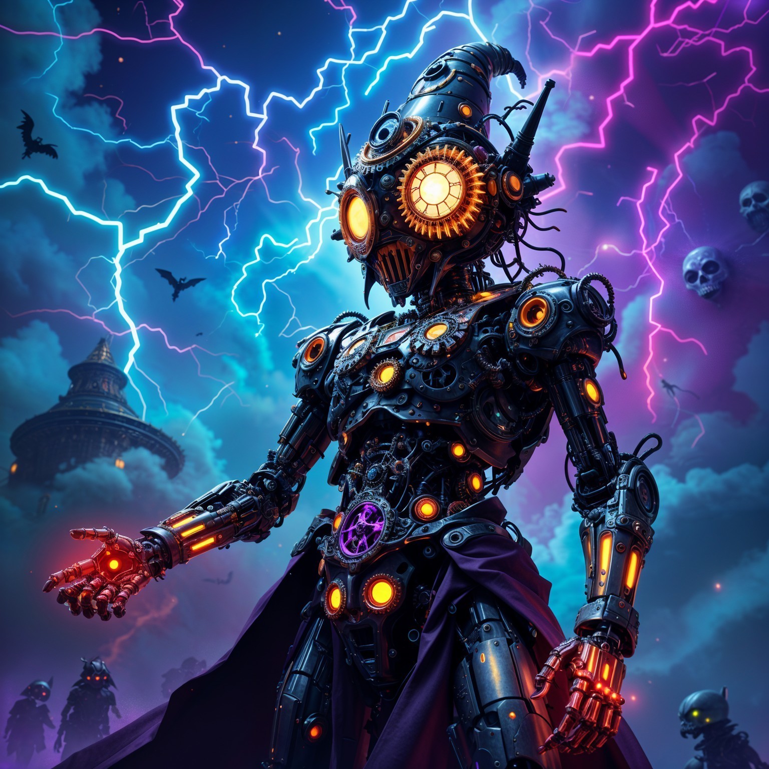 Steampunk Robot in Stormy Sky with Ominous Atmosphere