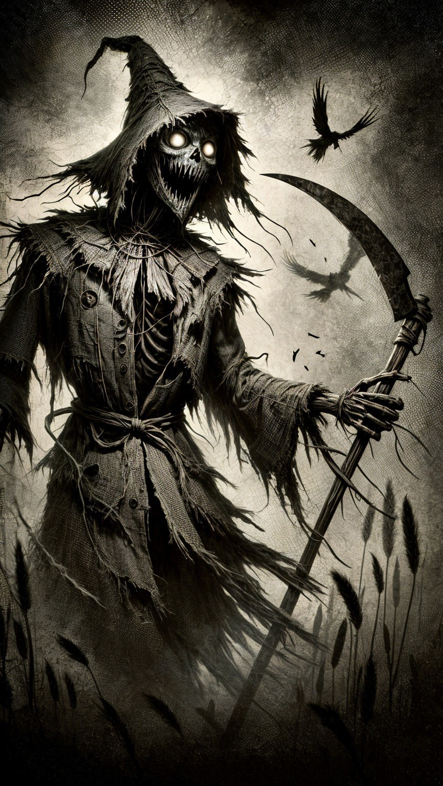 Skeletal Scarecrow Figure with Glowing Eyes and Scythe