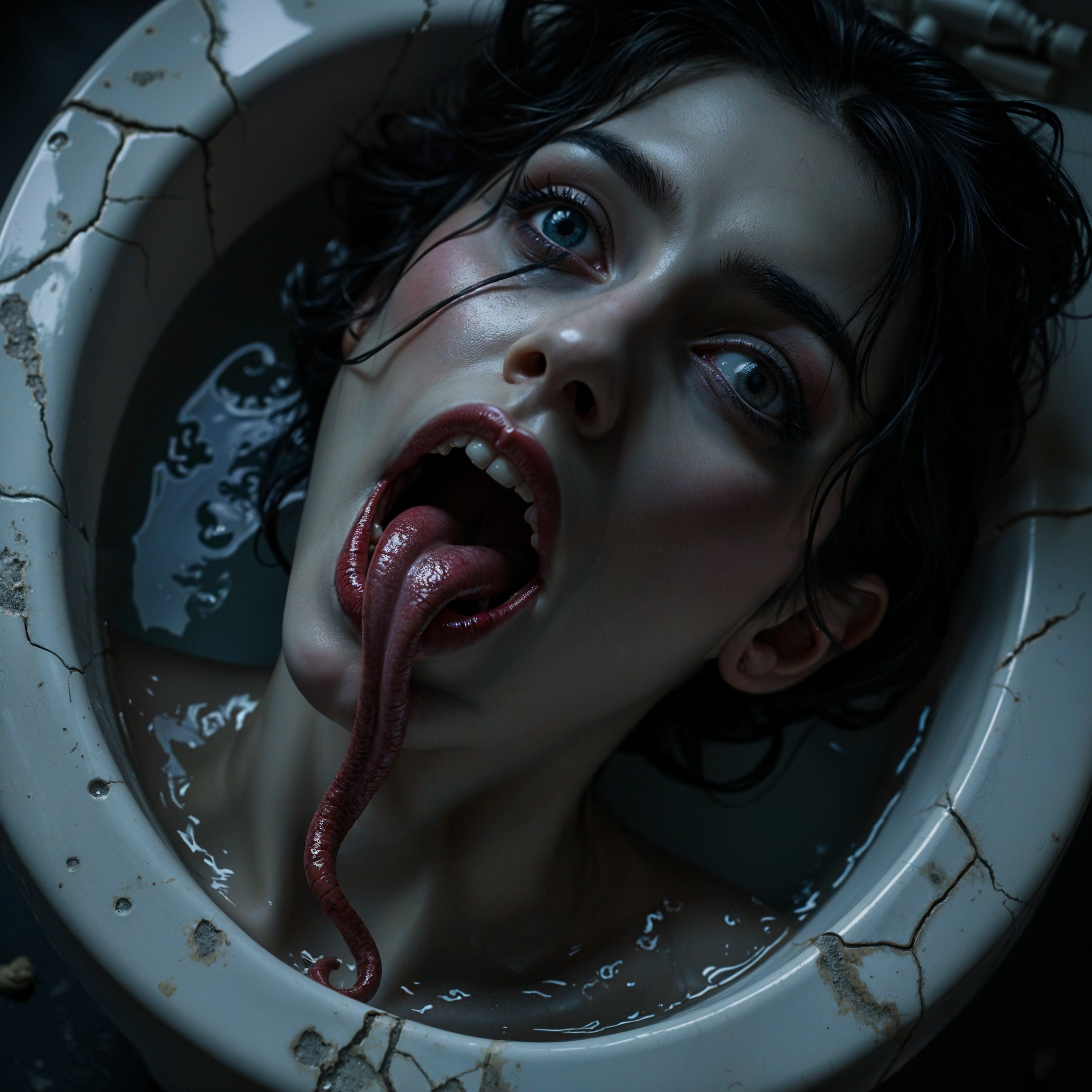 Surreal Scene of Person in Vintage Toilet Bowl