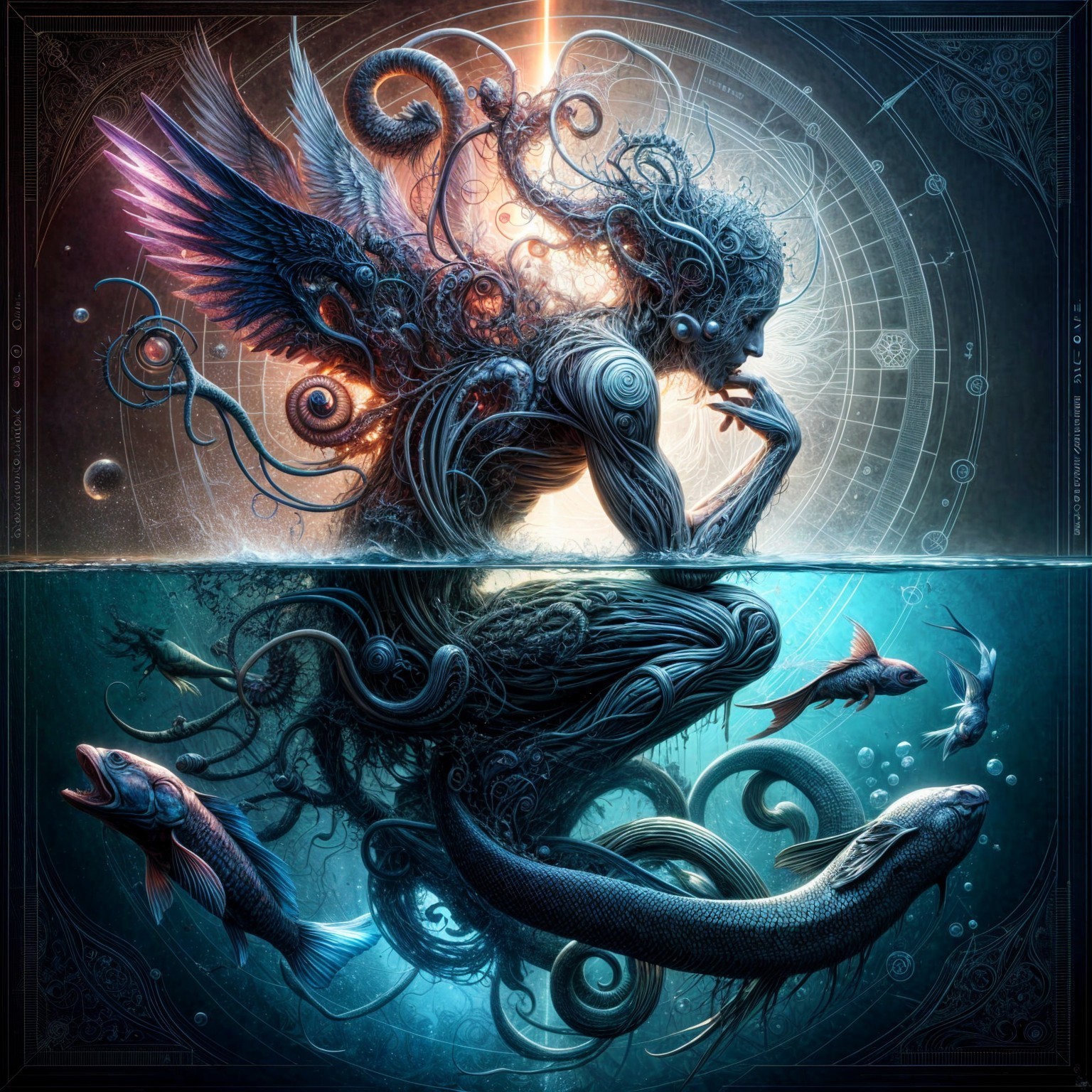 Surreal Human-Aquatic Fusion with Cosmic Elements