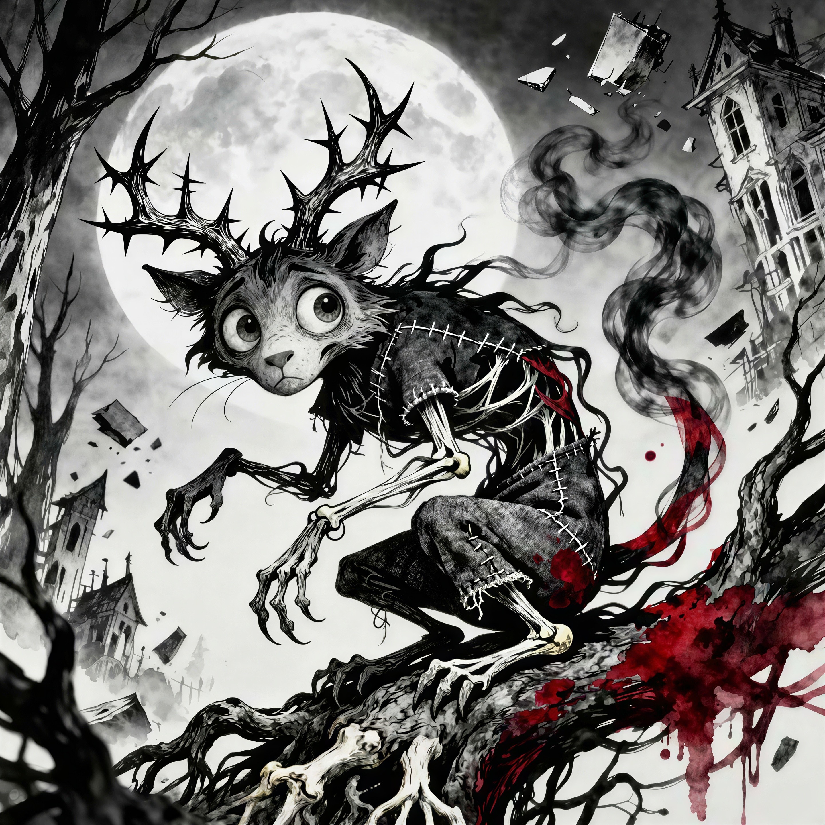 Whimsical Grayscale Creature Portrait with Spooky Elements