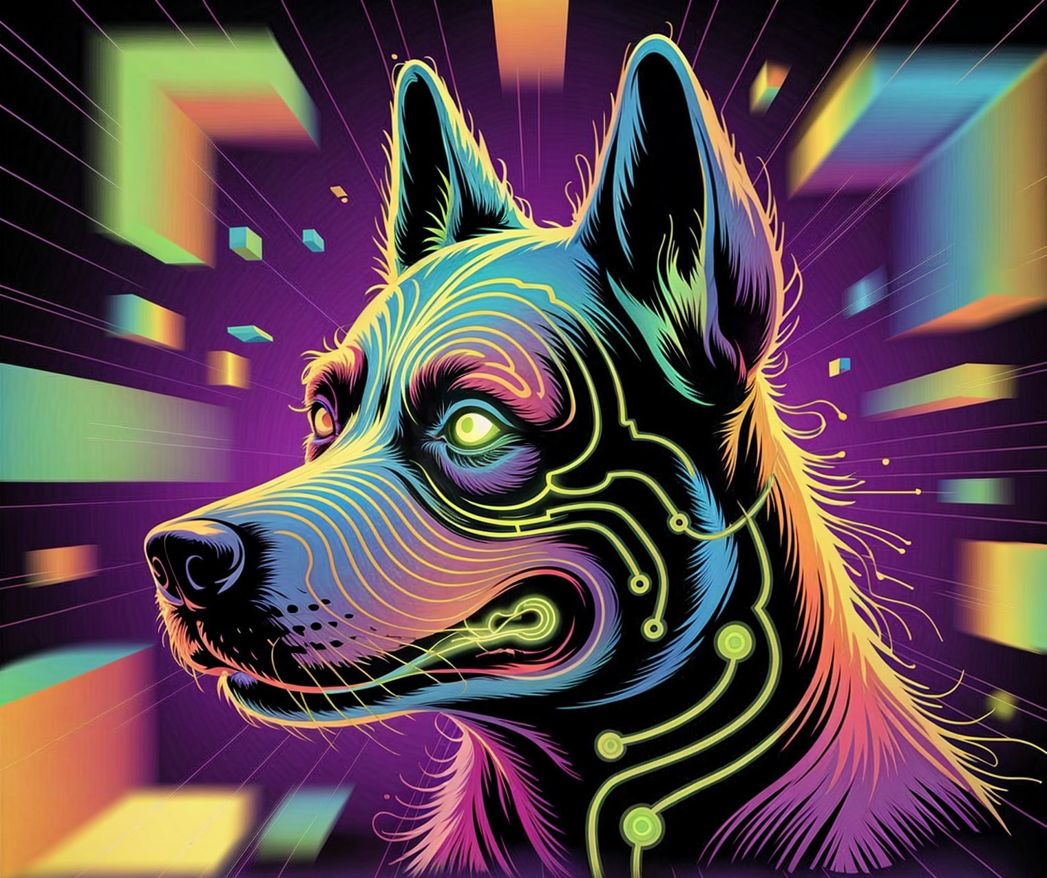 Stylized Dog Head Illustration with Circuitry Patterns