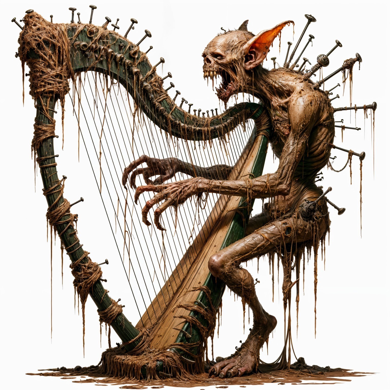 Grotesque Creature with Harp in Surreal Setting