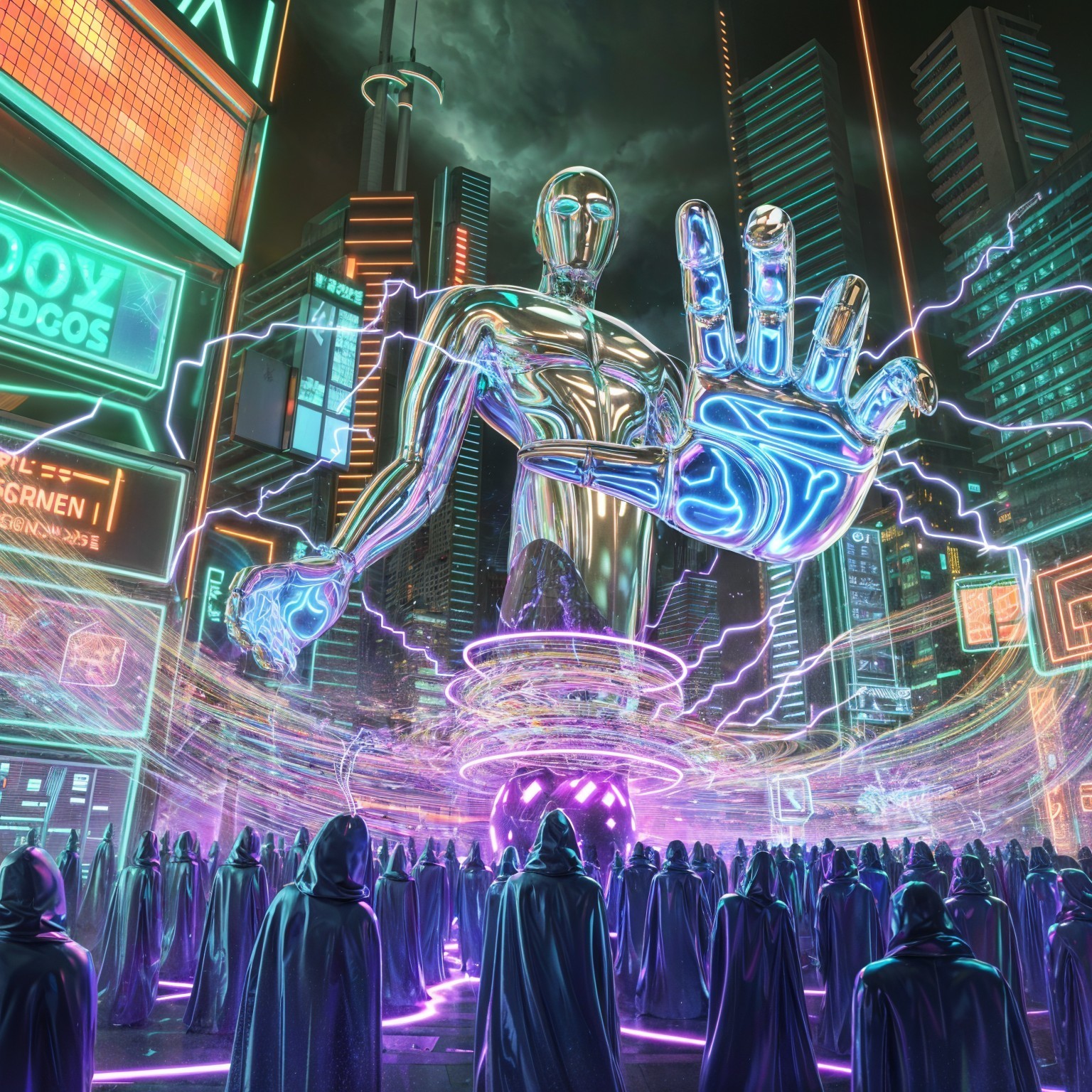 Futuristic cityscape with neon lights and metallic figure