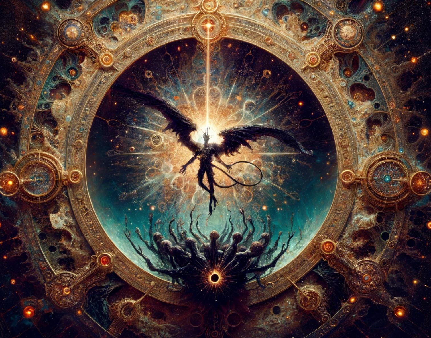 Celestial Scene with Majestic Wings and Cosmic Patterns