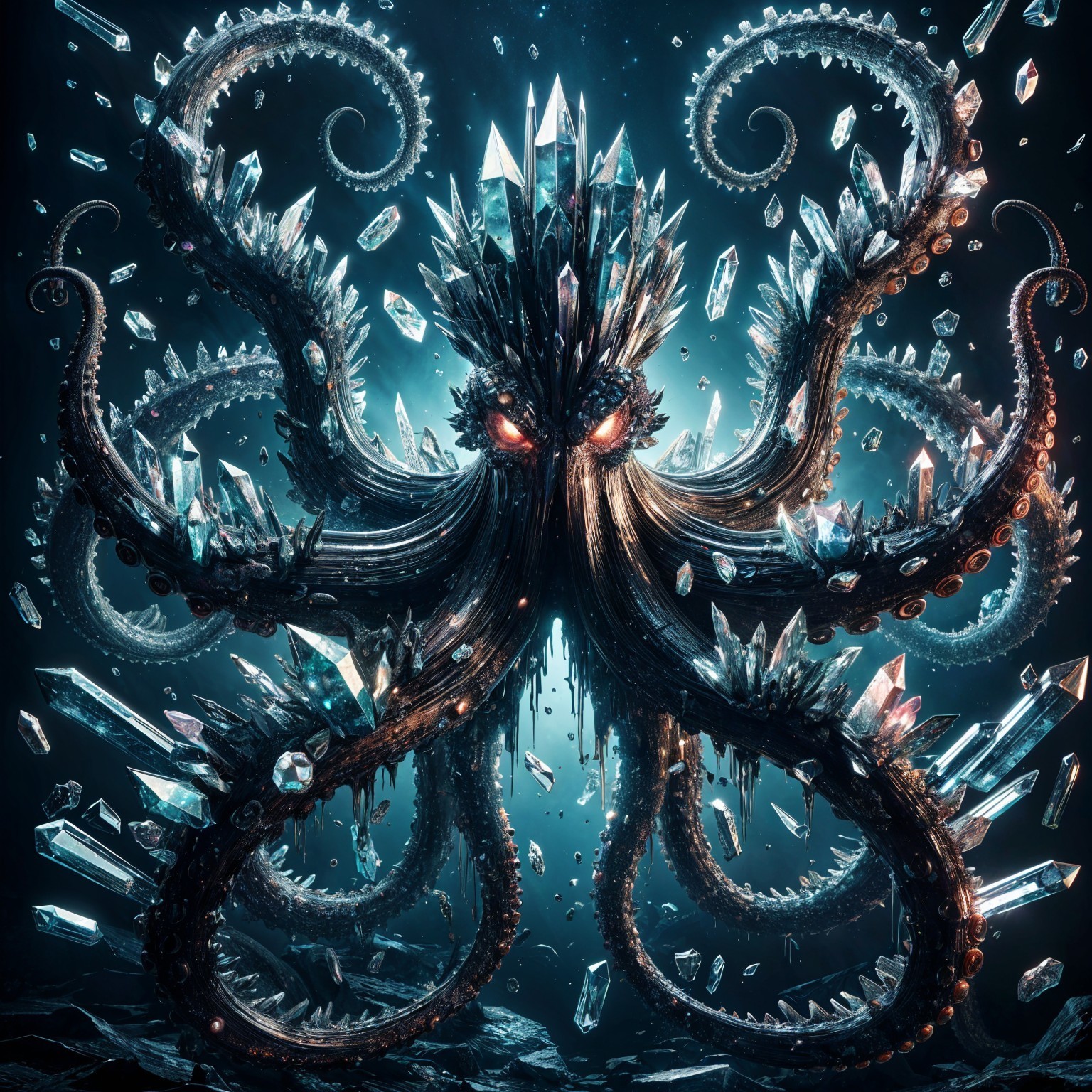 Otherworldly creature with tentacles and fiery eyes