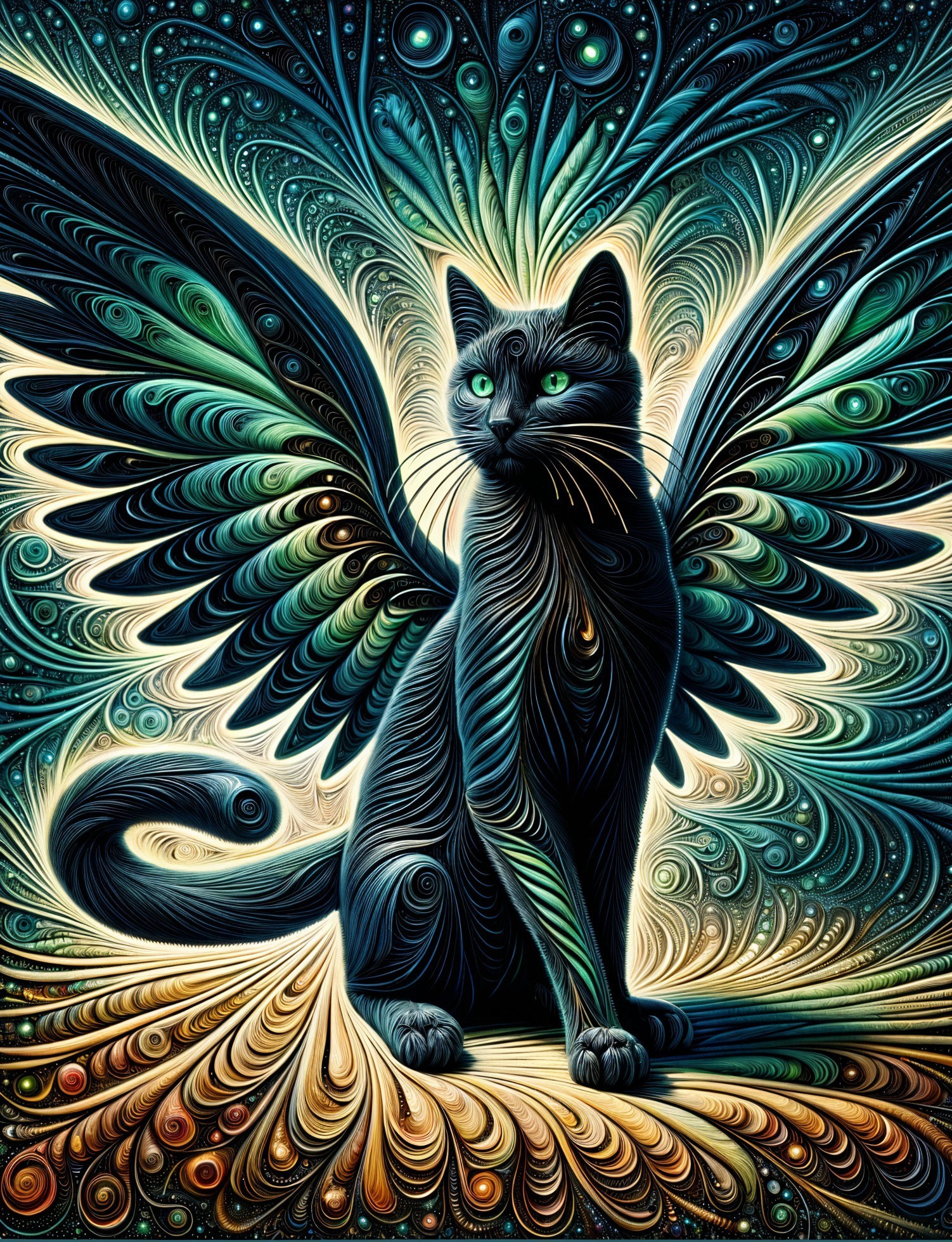 Mystical black cat with vibrant wings and cosmic swirls