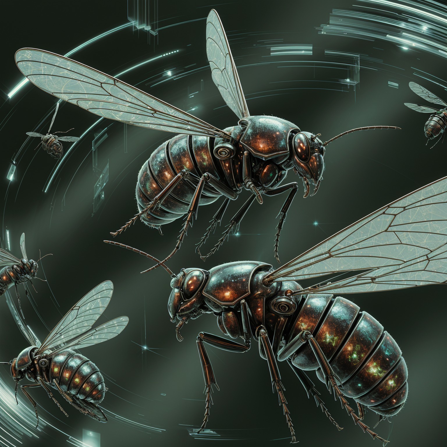 Metallic Bees in a Futuristic Digital Landscape