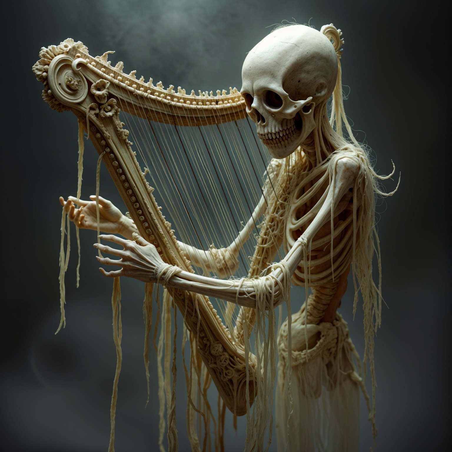 Skeletal Figure Playing Ornate Harp in Misty Setting