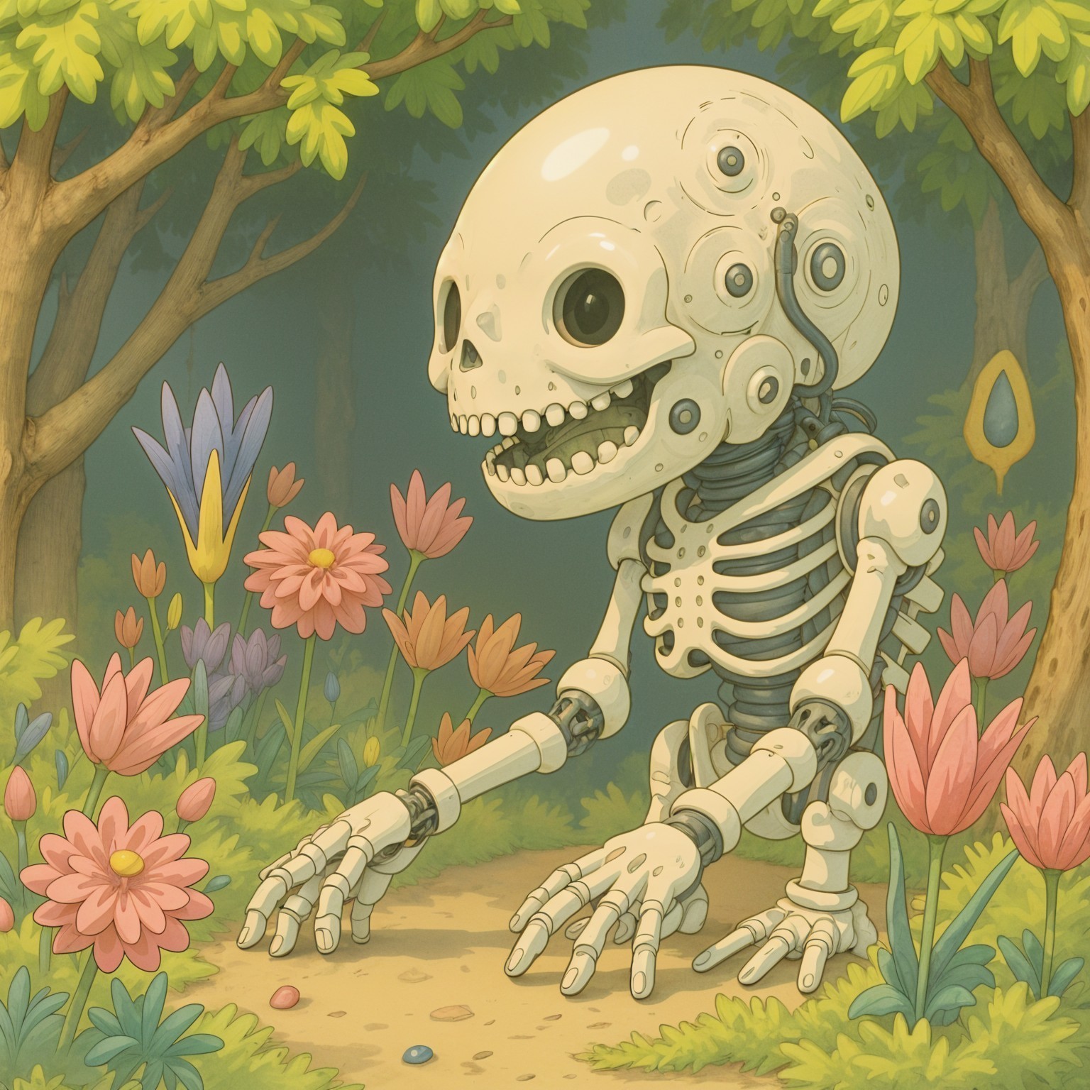 Robotic Skeleton Exploring a Whimsical Forest Path