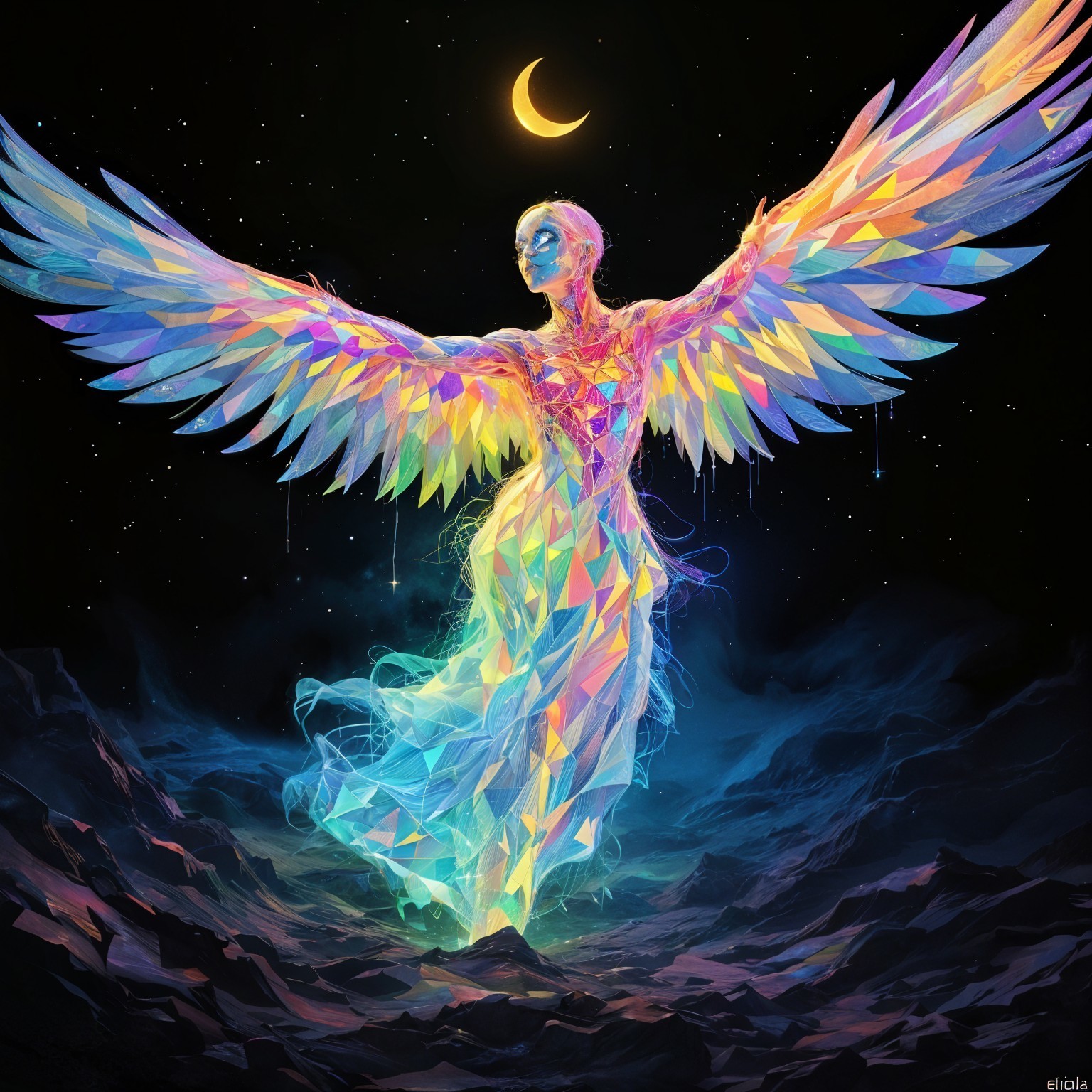Ethereal Figure with Crystal Wings Under Starry Sky