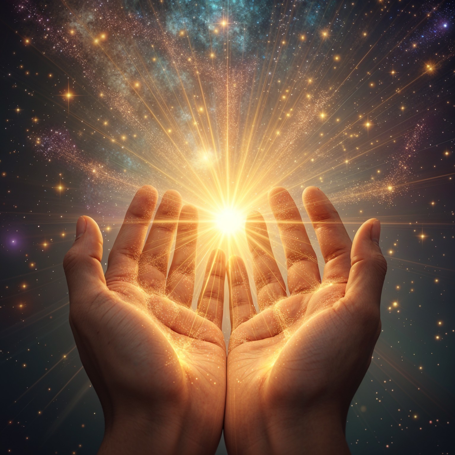 Open Hands Cradling Light Against Cosmic Background