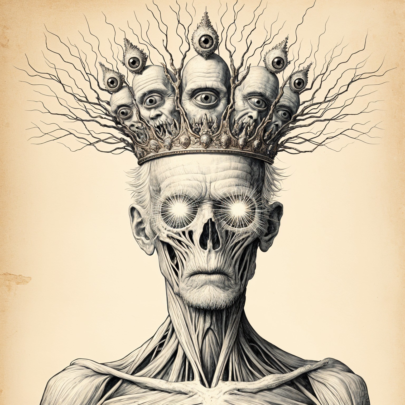 Surreal Skeletal Figure with Tree Crown and Faces