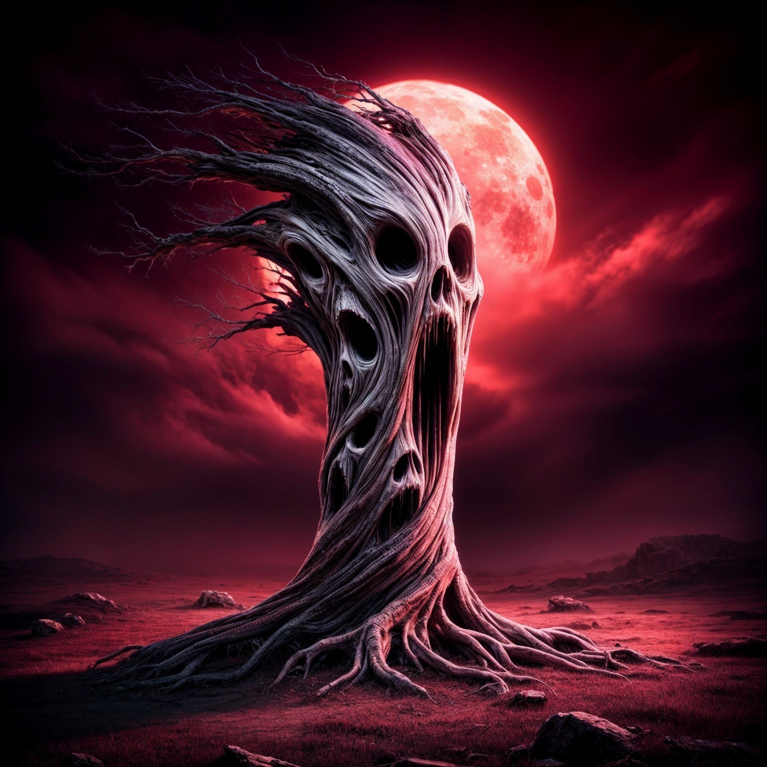 Eerie Tree Under Blood-Red Moon in Dark Landscape