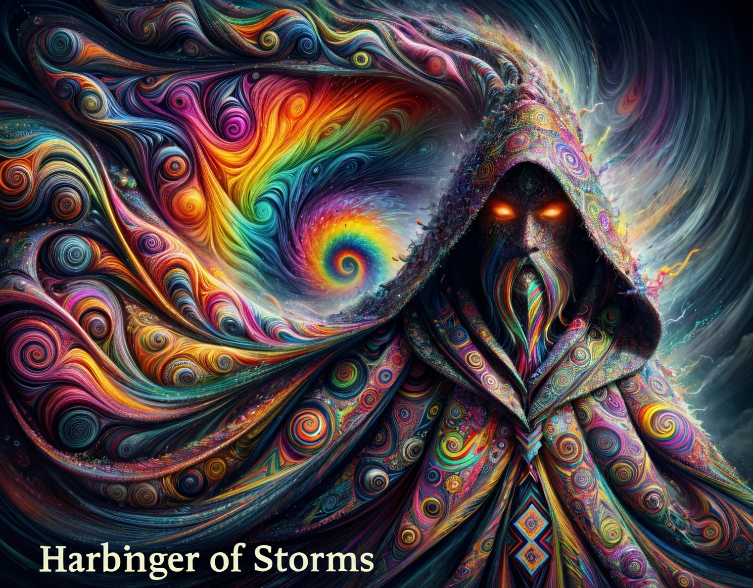 Mystical figure in vibrant patterns amidst colorful chaos