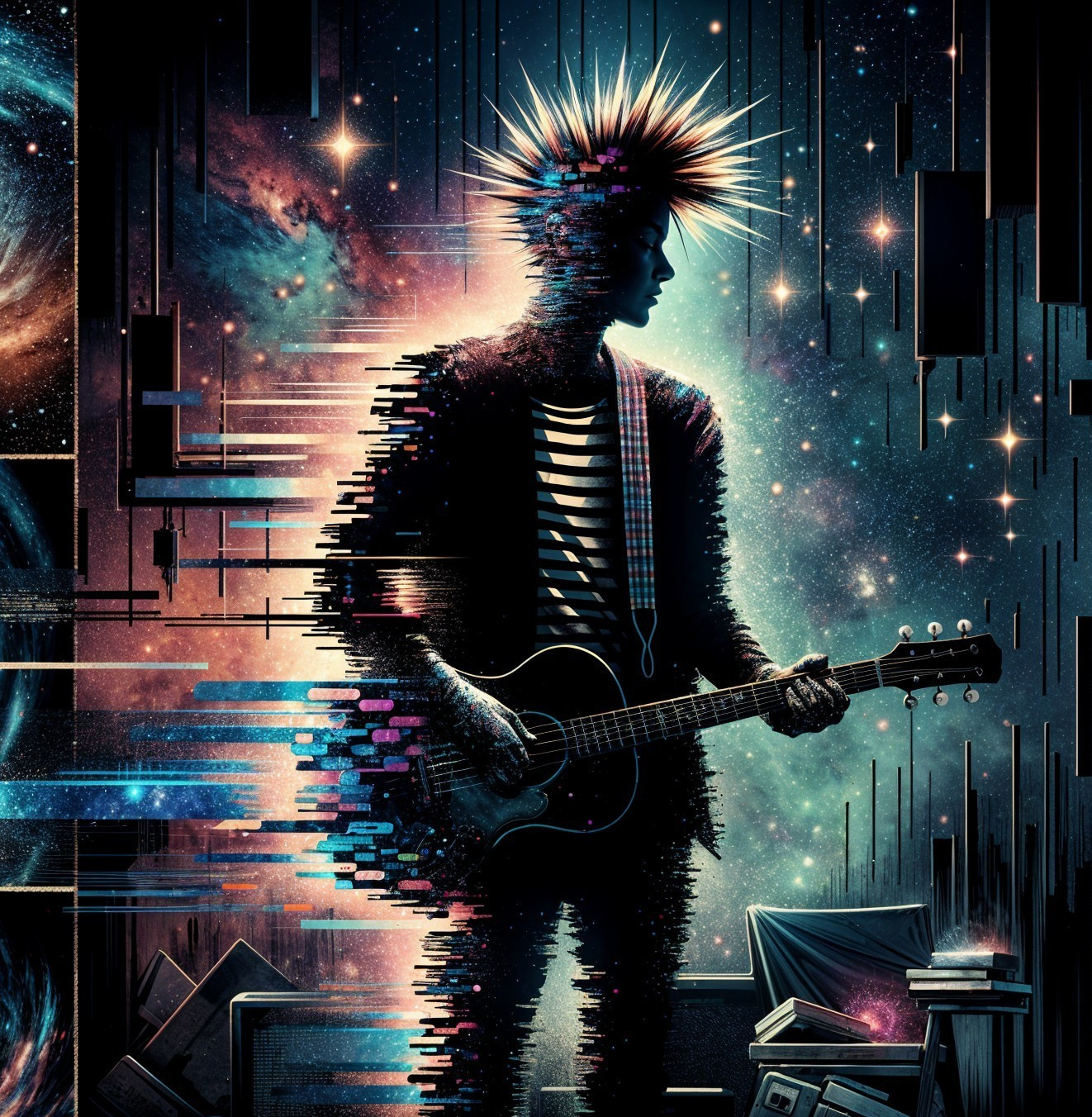 Musician Silhouette Against Cosmic Background