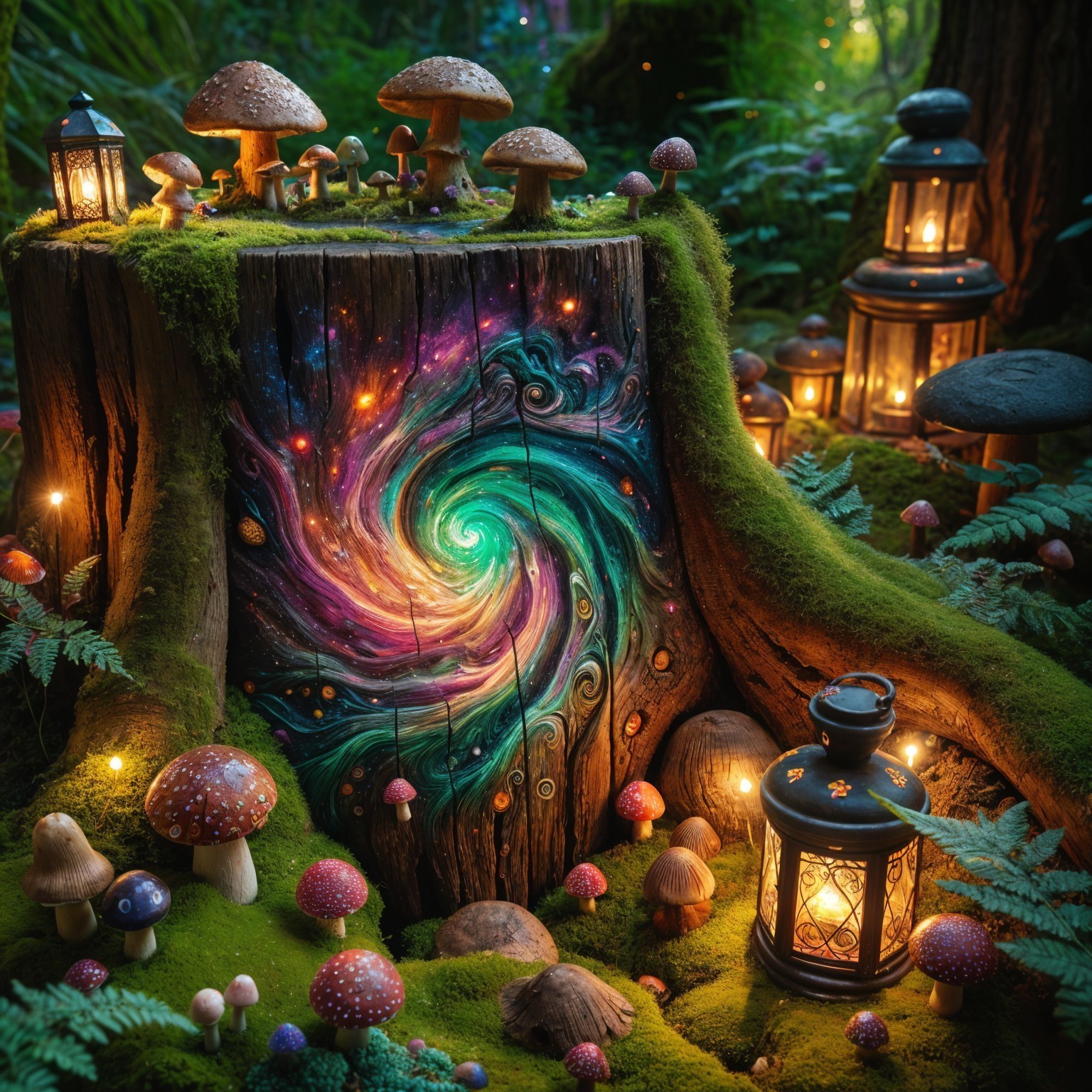 Wooden Stump with Galaxy Swirl in Magical Forest