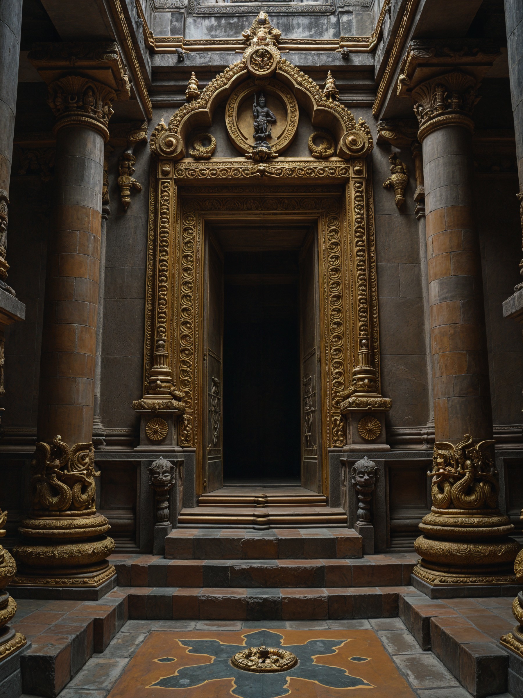 Intricate Temple Entrance with Golden Carvings and Columns