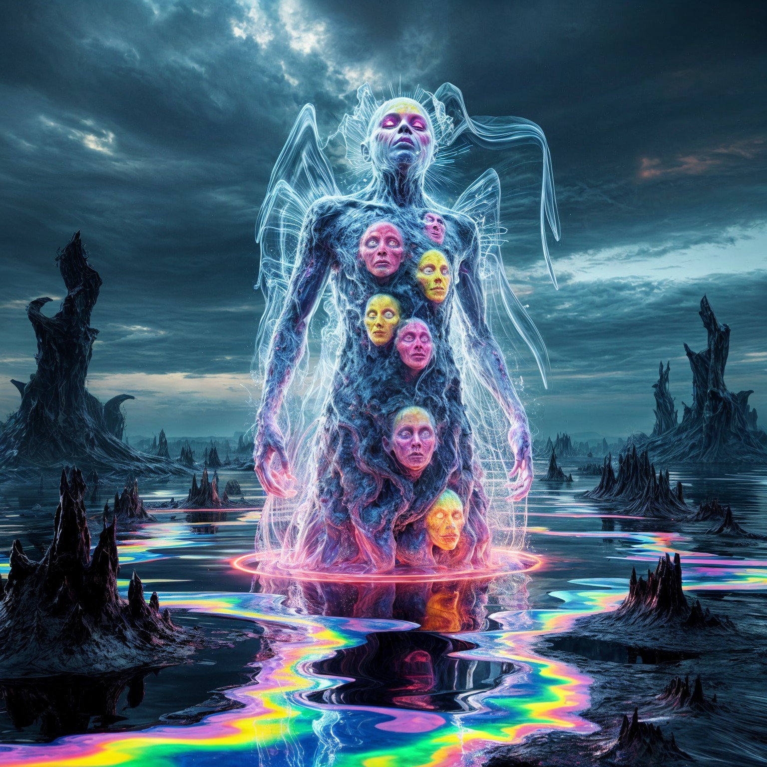 Surreal Figure in Reflective Otherworldly Landscape
