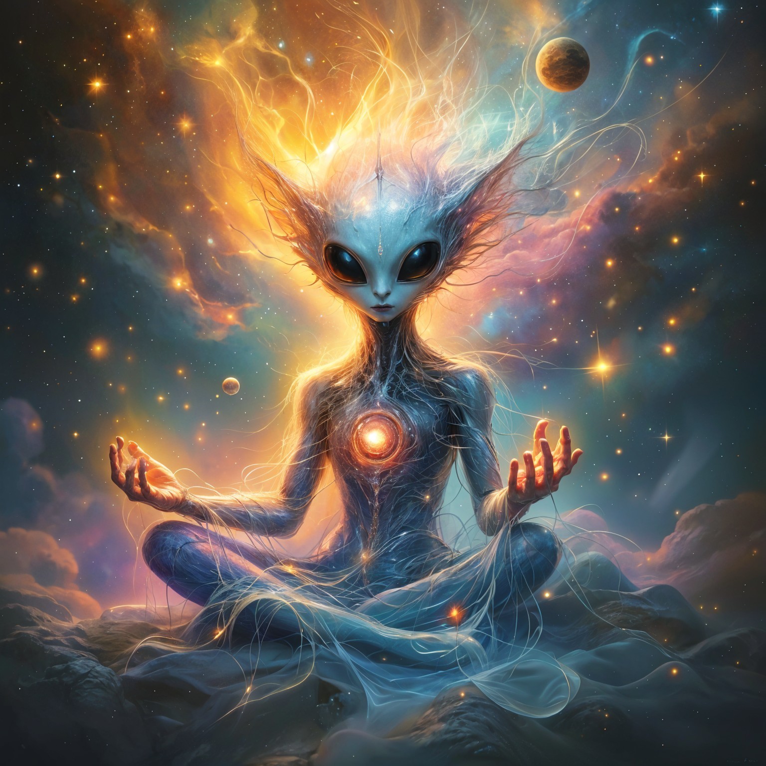 Ethereal Alien Being Meditating in Cosmic Setting