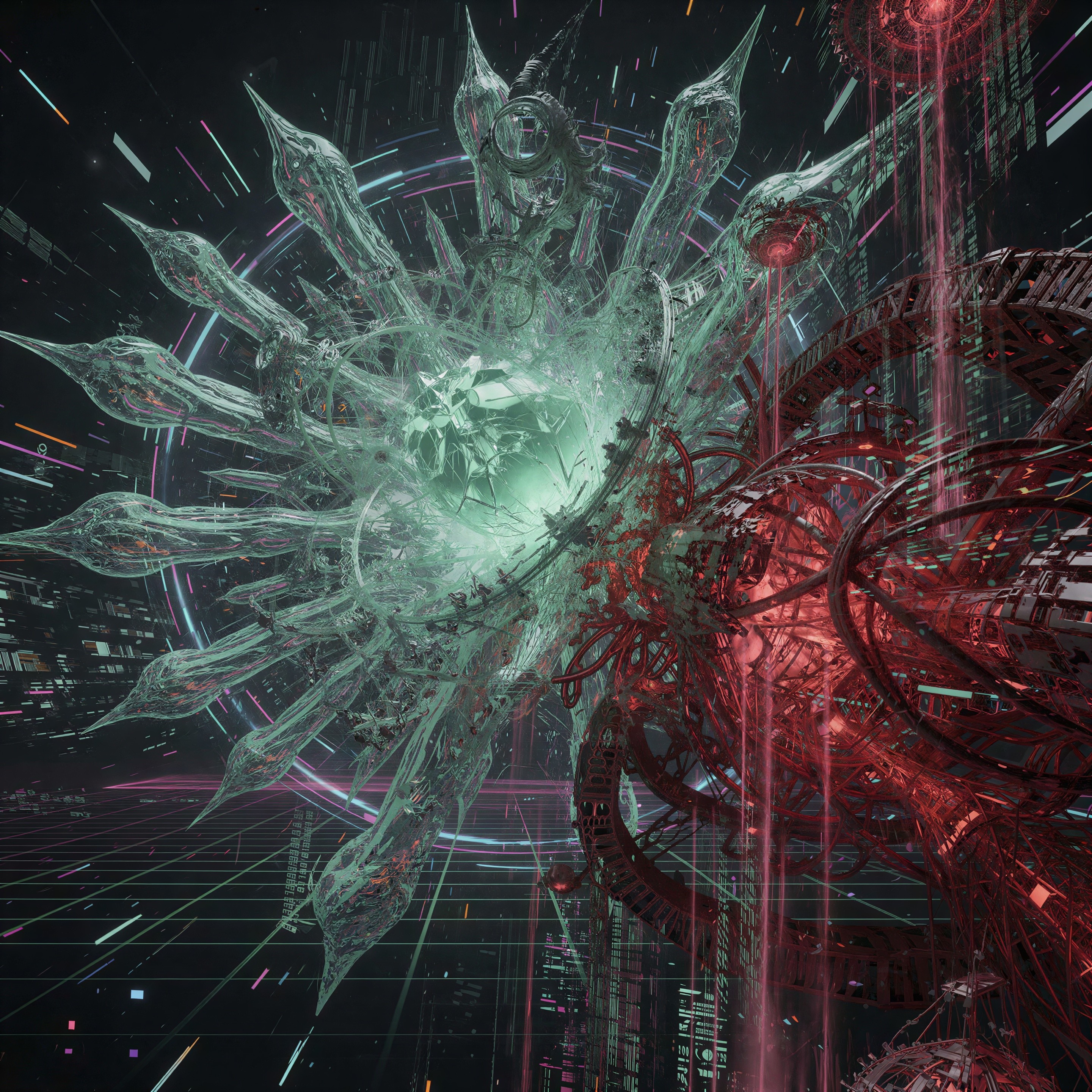 Futuristic Cybernetic City with Alien Artifacts and Neon Grid