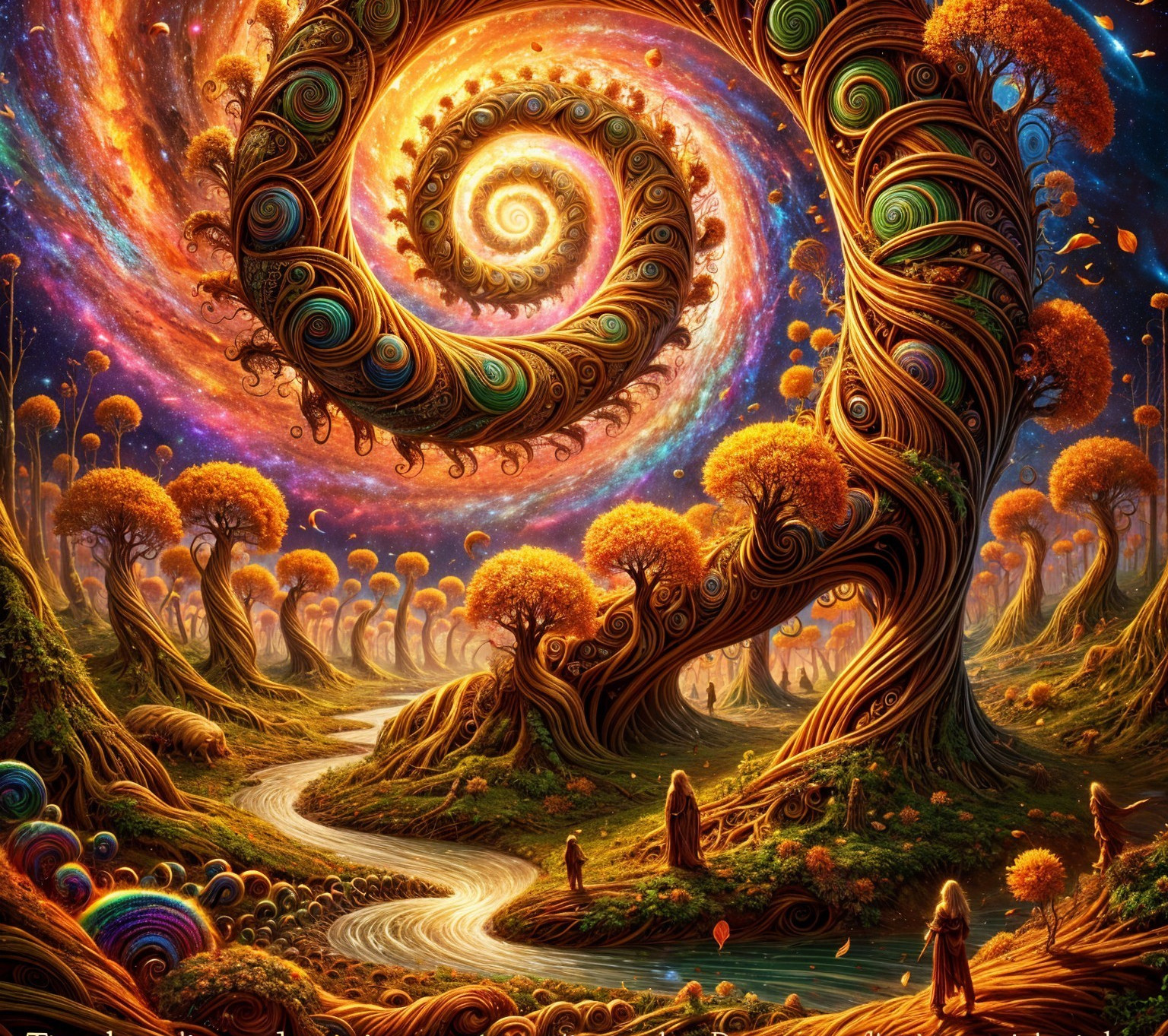 Whimsical landscape with giant spiraling tree and stars
