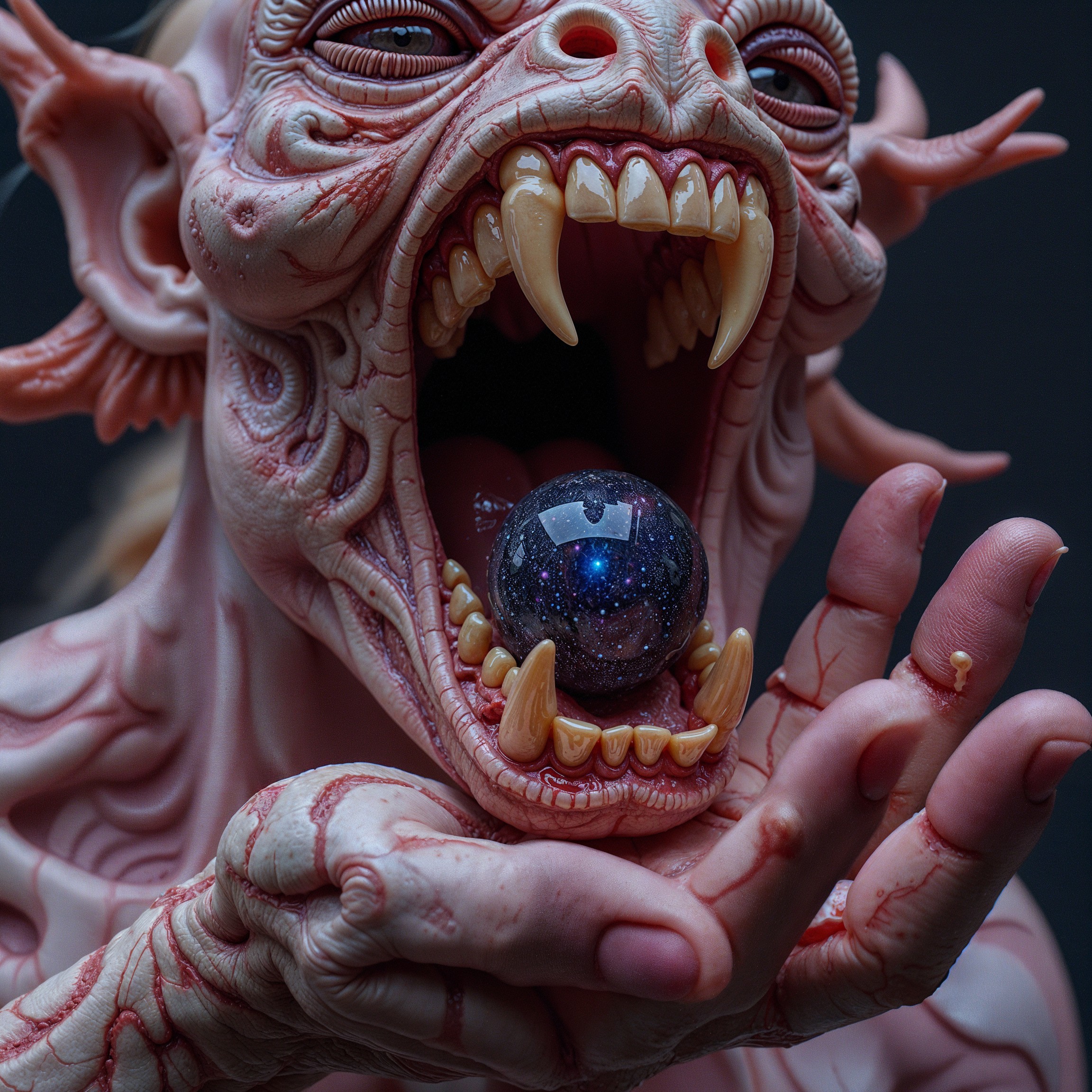 Fantastical Creature with Cosmic Orb and Exaggerated Features