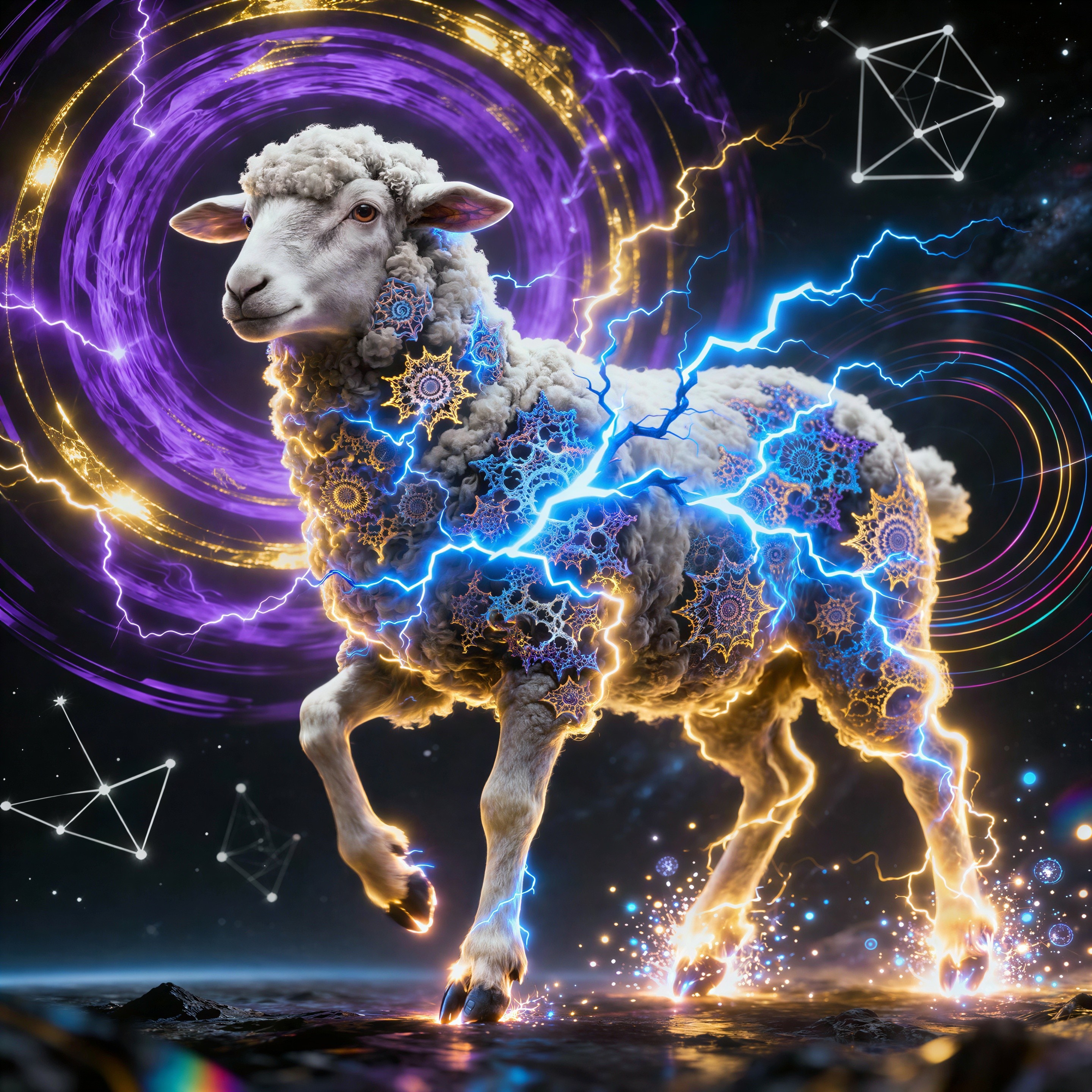 Surreal Digital Painting of Fractal Sheep in Energy Vortex