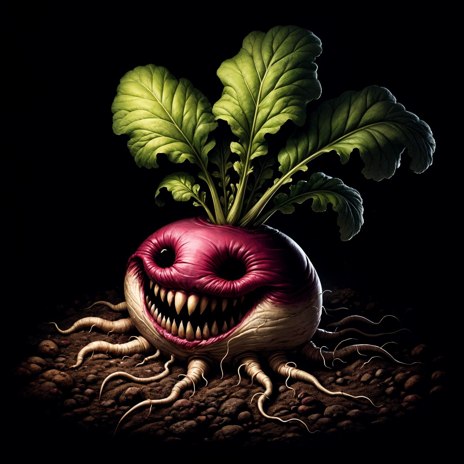 Whimsical Anthropomorphic Radish in Dark Soil Setting