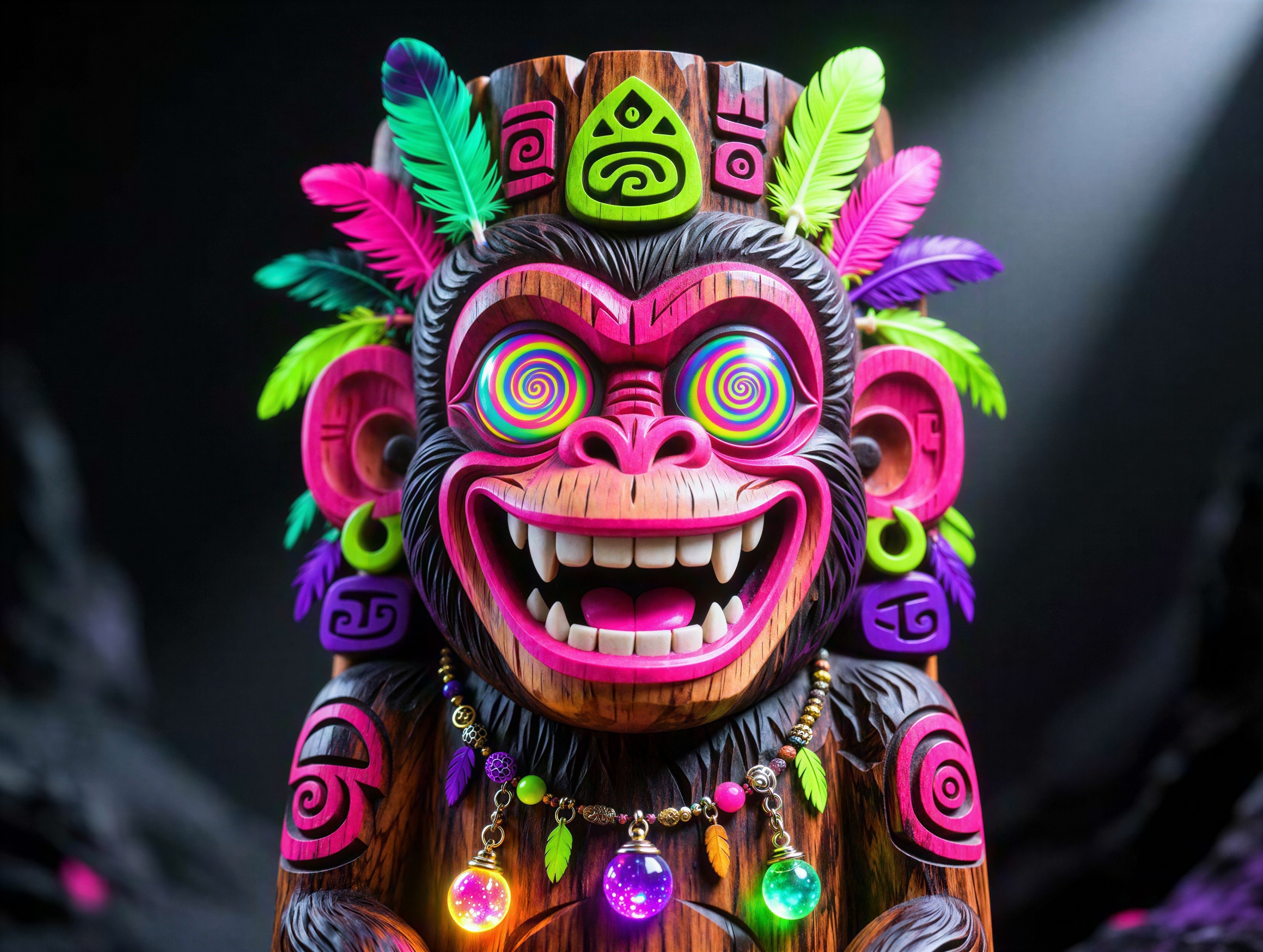 Psychedelic Tiki Statue of Monkey's Head in Wood