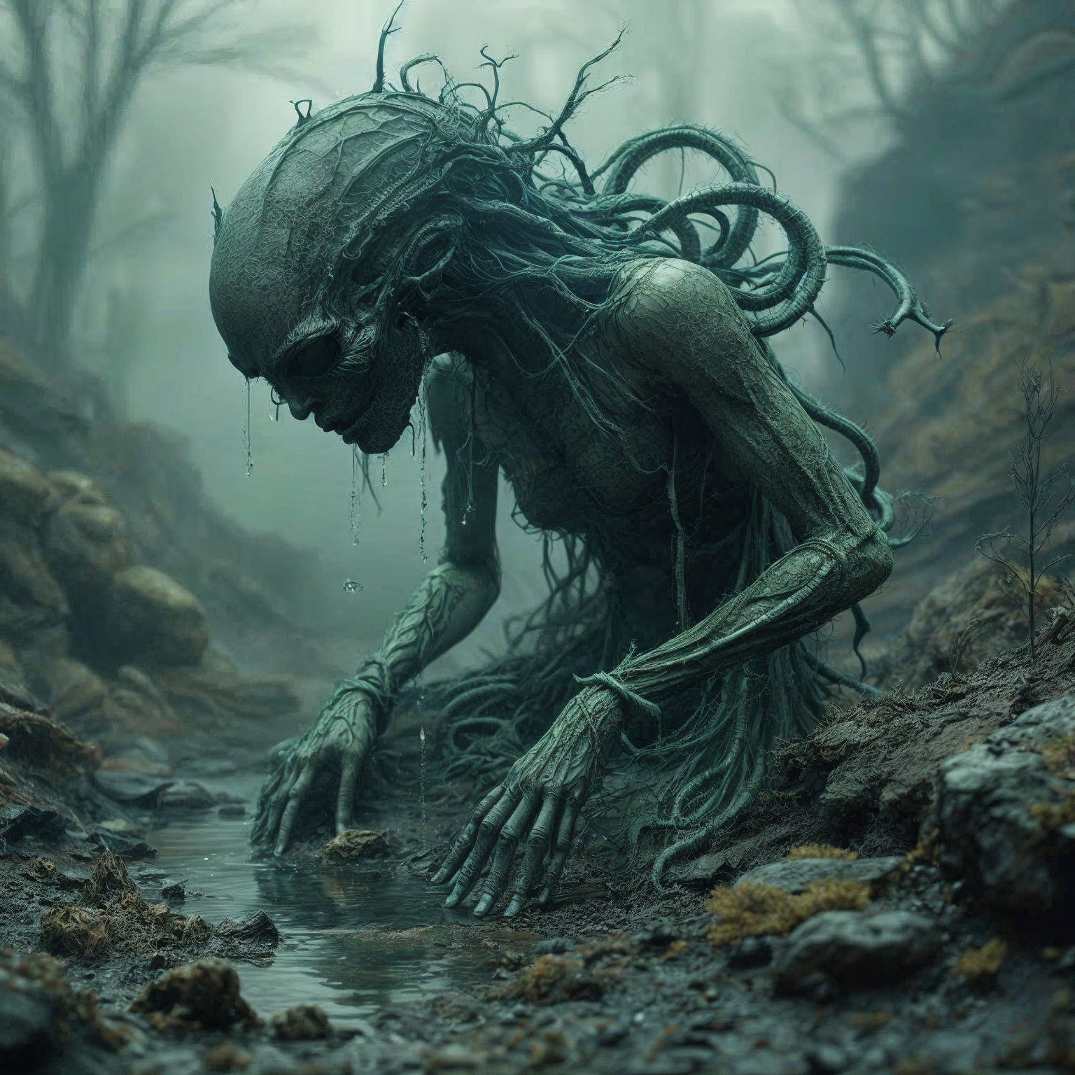 Surreal Humanoid Creature in Misty Forest Setting