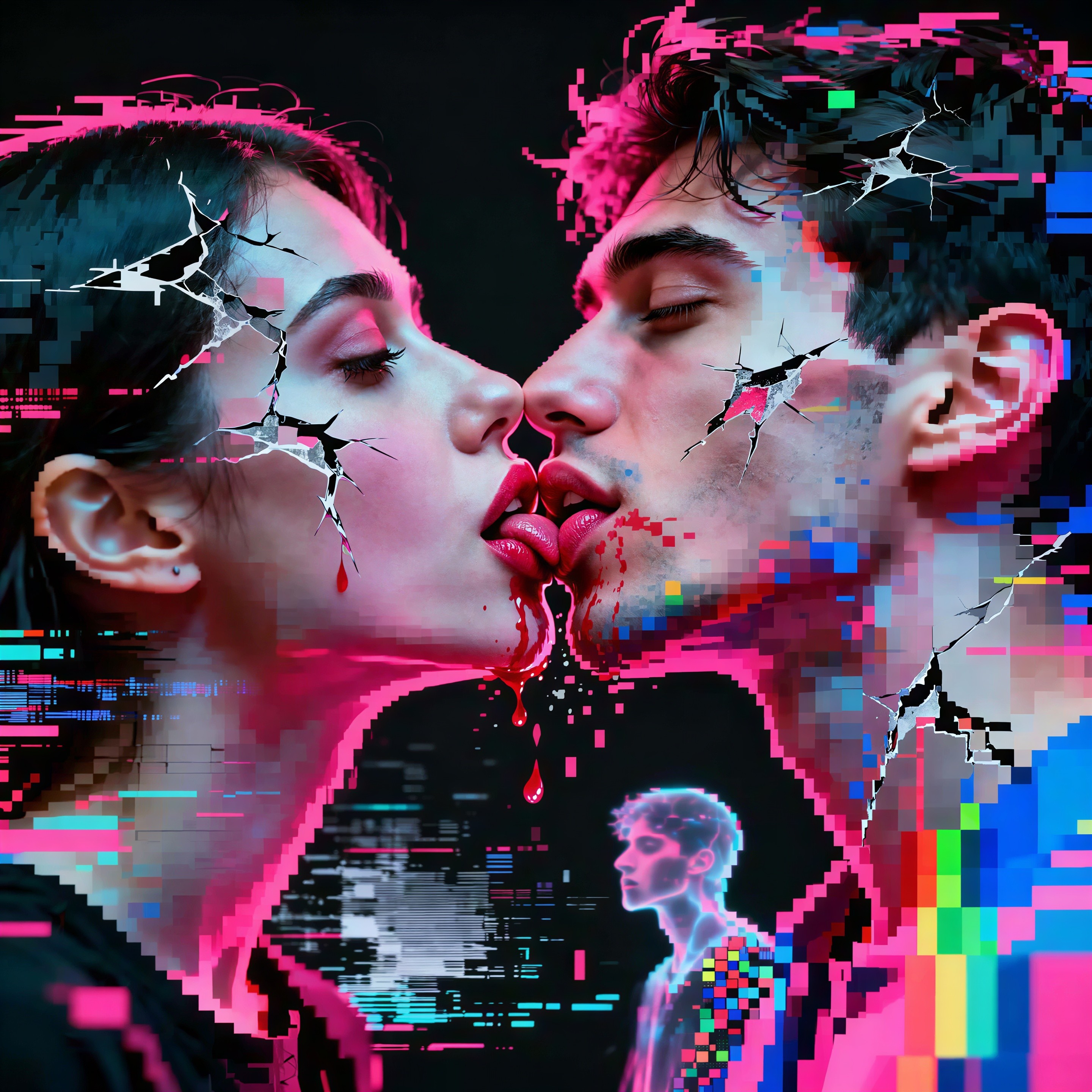 Glitch Art Illustration of Kissing Figures with Distortion