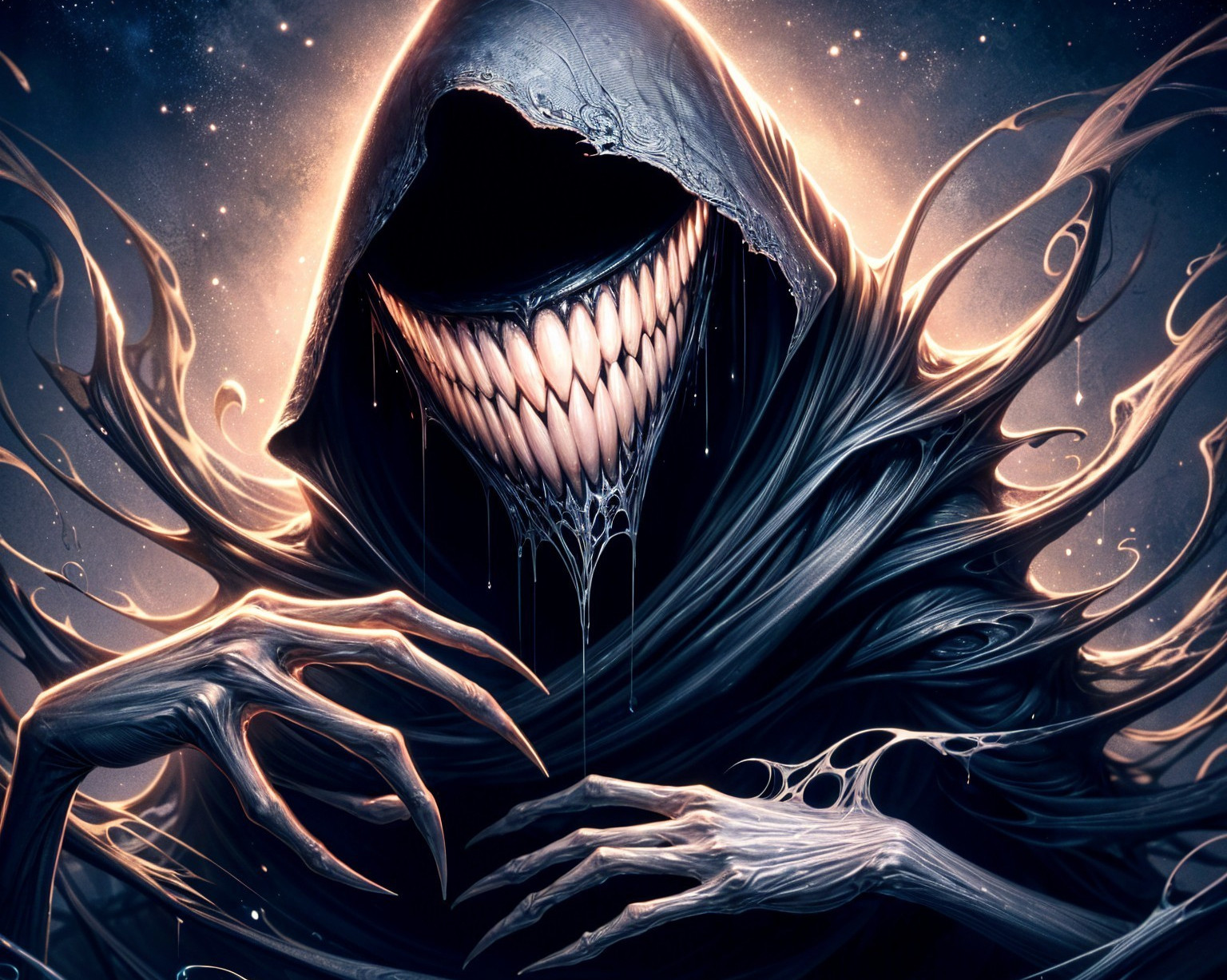 Cloaked Figure with Sinister Grin in Cosmic Setting