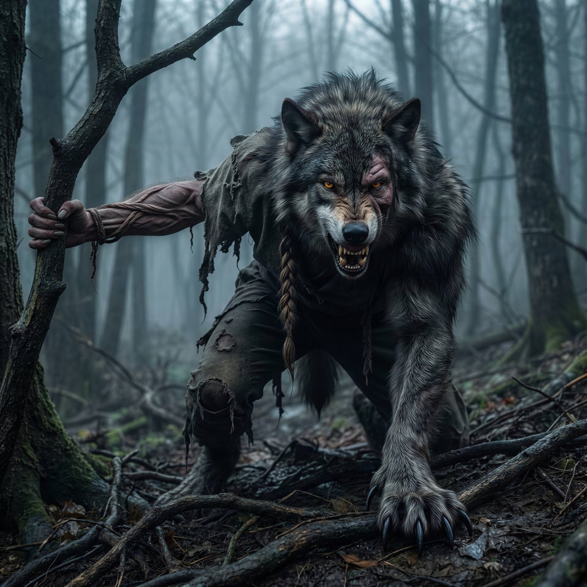 Werewolf Transformation in a Misty Dark Forest