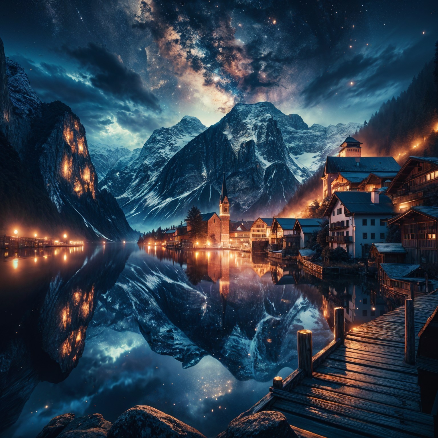 Serene Village by Lake with Mountains and Starry Sky