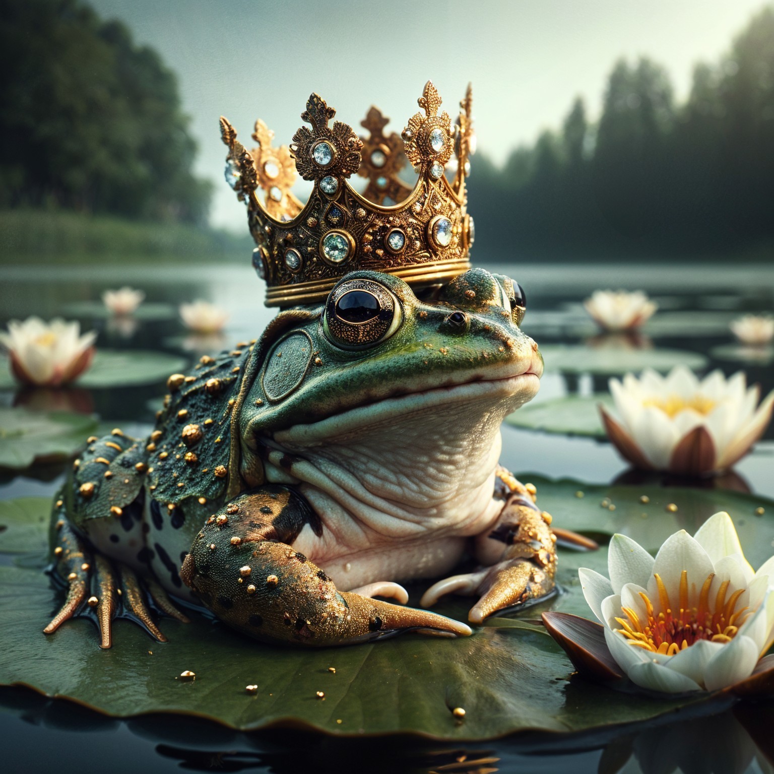 Regal Frog on Lily Pad in Serene Pond Setting
