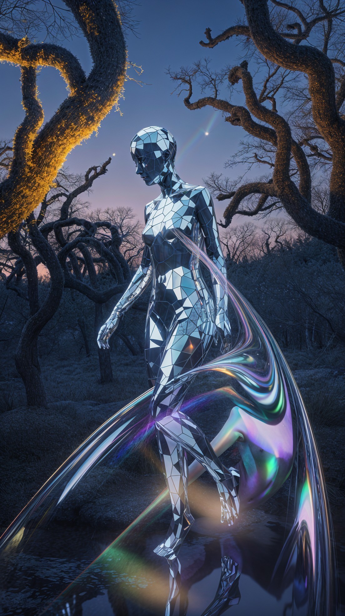 Reflective Humanoid in Ethereal Landscape at Twilight