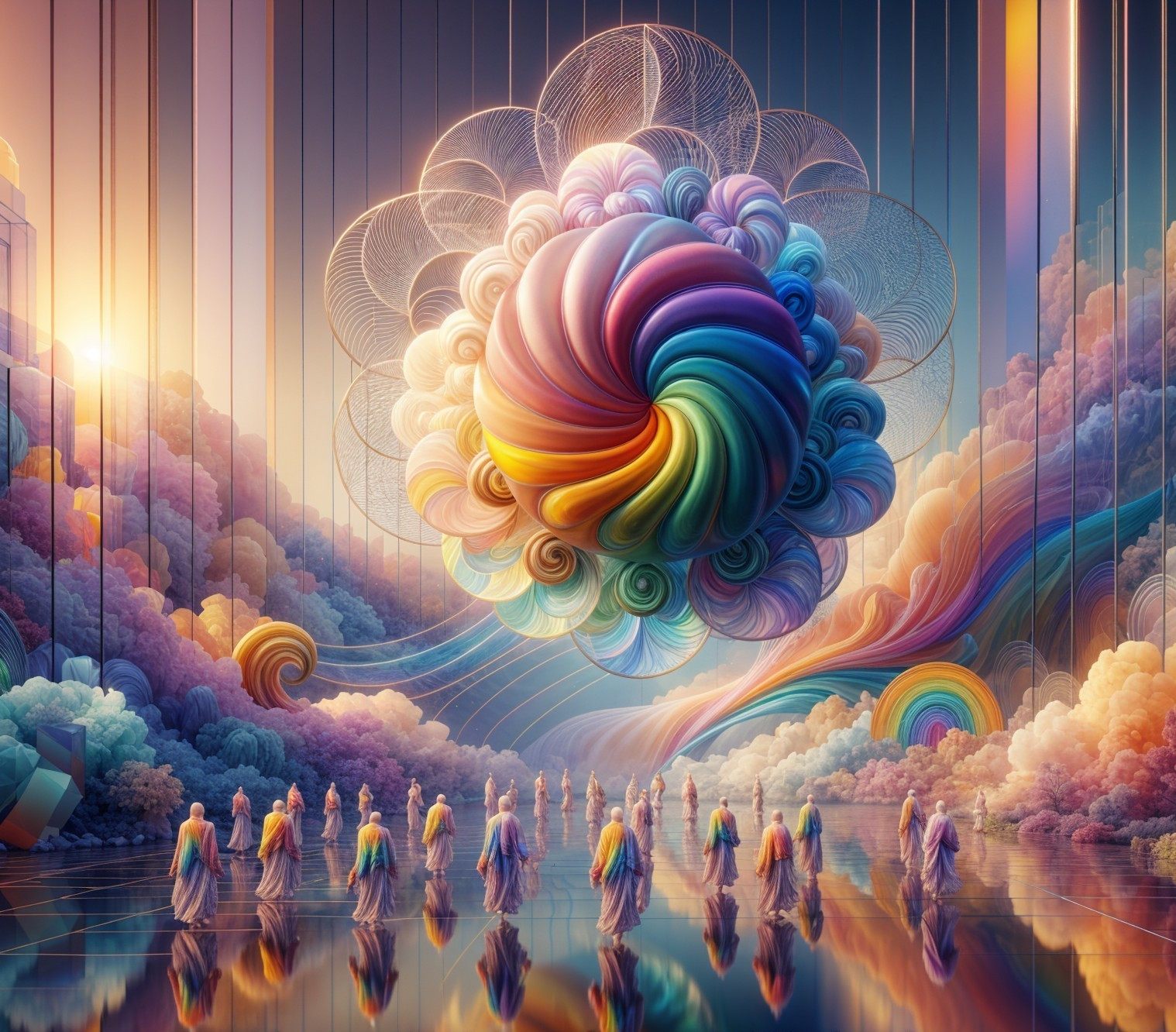Dreamlike Scene with Multicolored Clouds and Figures