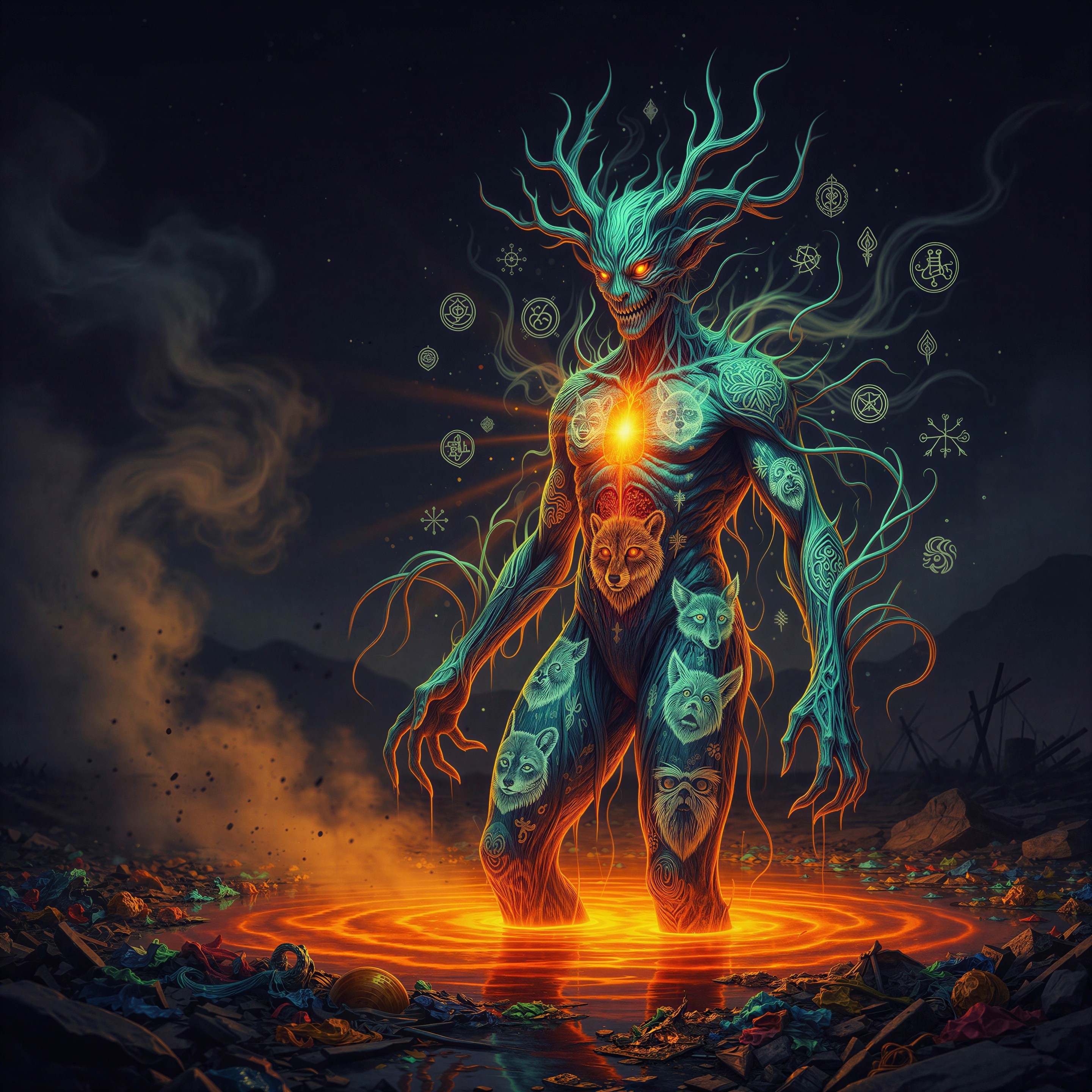 Fantasy Art of a Demonic Creature in Lava Landscape