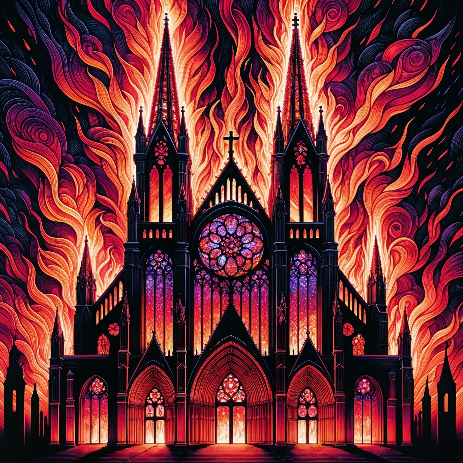 Gothic Cathedral Surrounded by Flames and Smoke