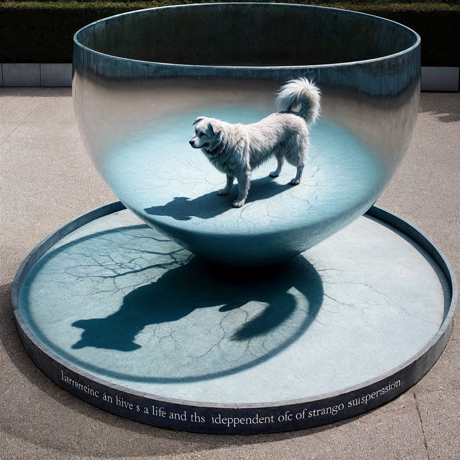 Fluffy Dog in Reflective Bowl with Optical Illusion