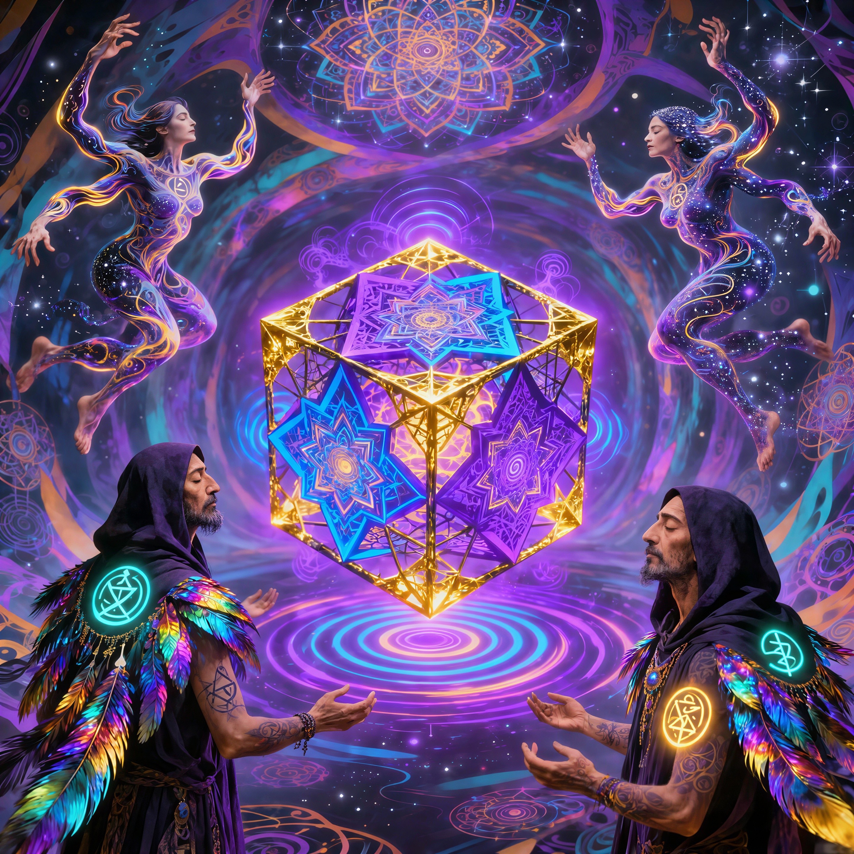 Vibrant digital art of hooded figures and celestial themes