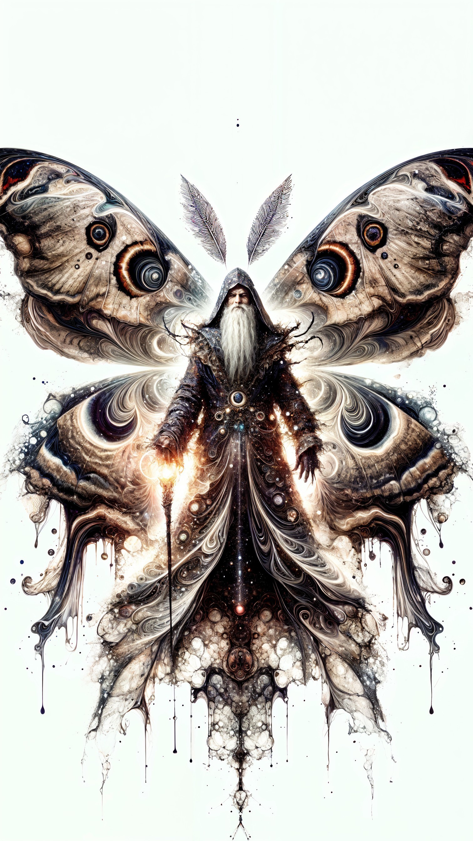 Mystical Figure with Colorful Wings and Staff