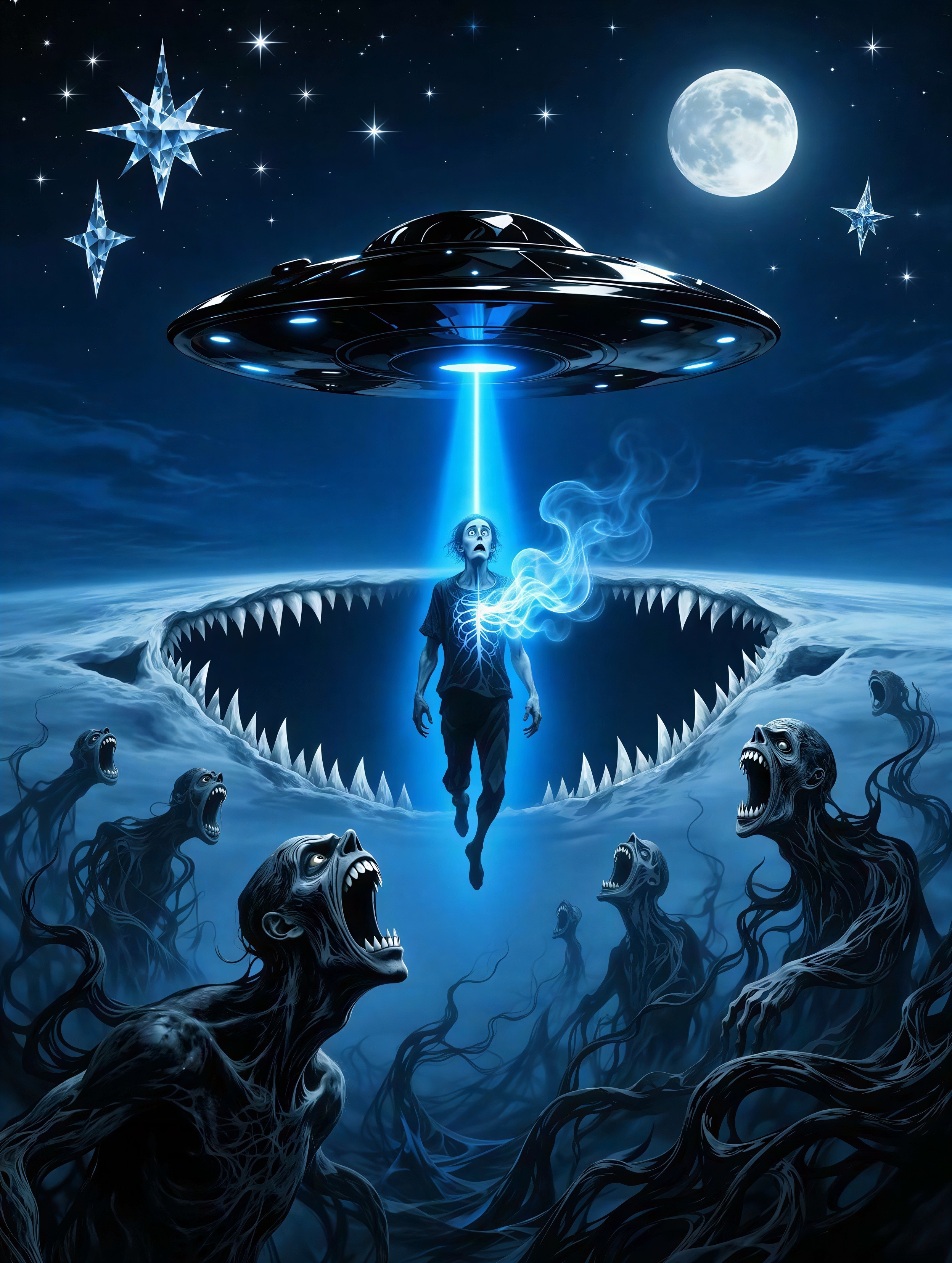 Nighttime Alien Abduction with Flying Saucer and Zombies