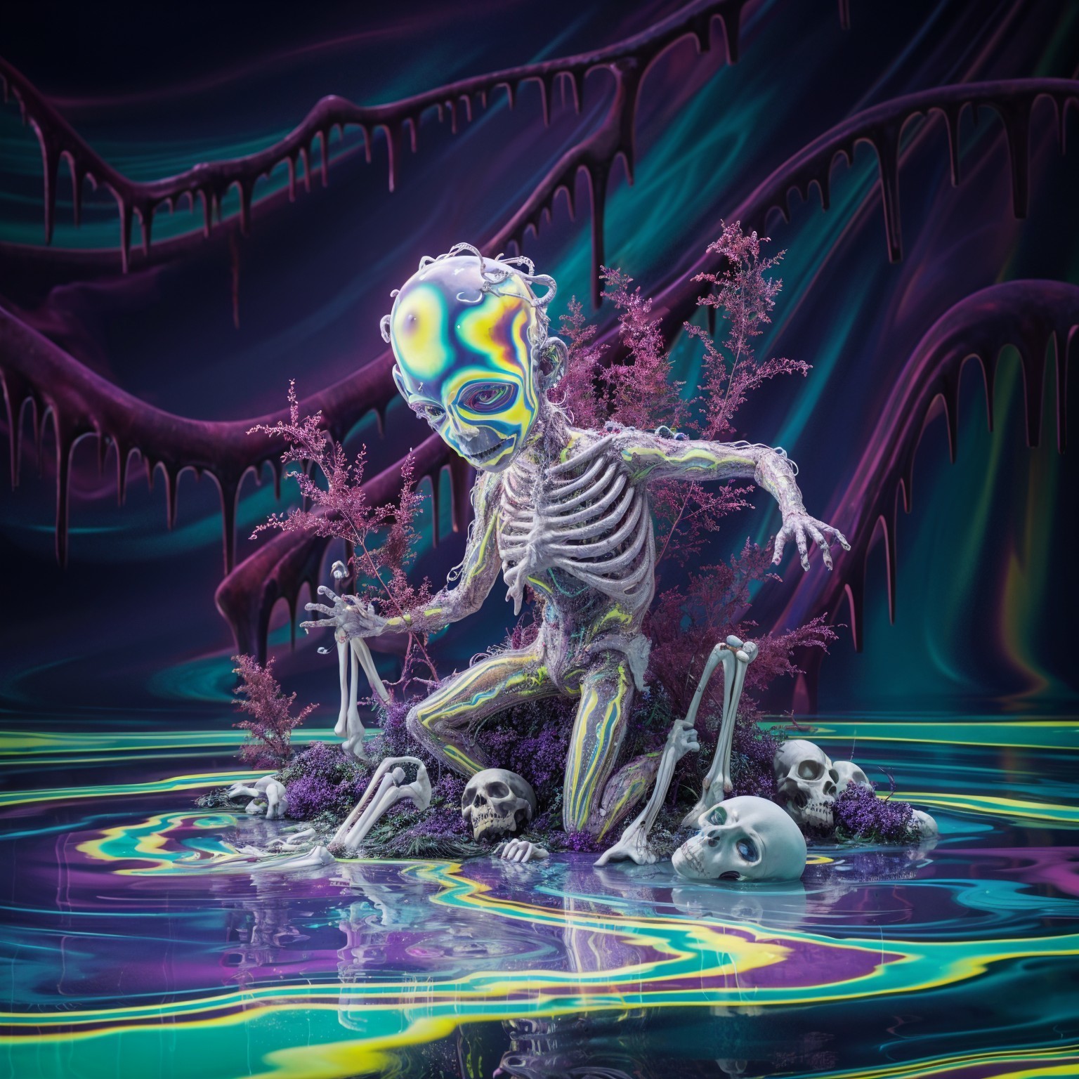 Translucent Skeleton with Colorful Head in Surreal Scene