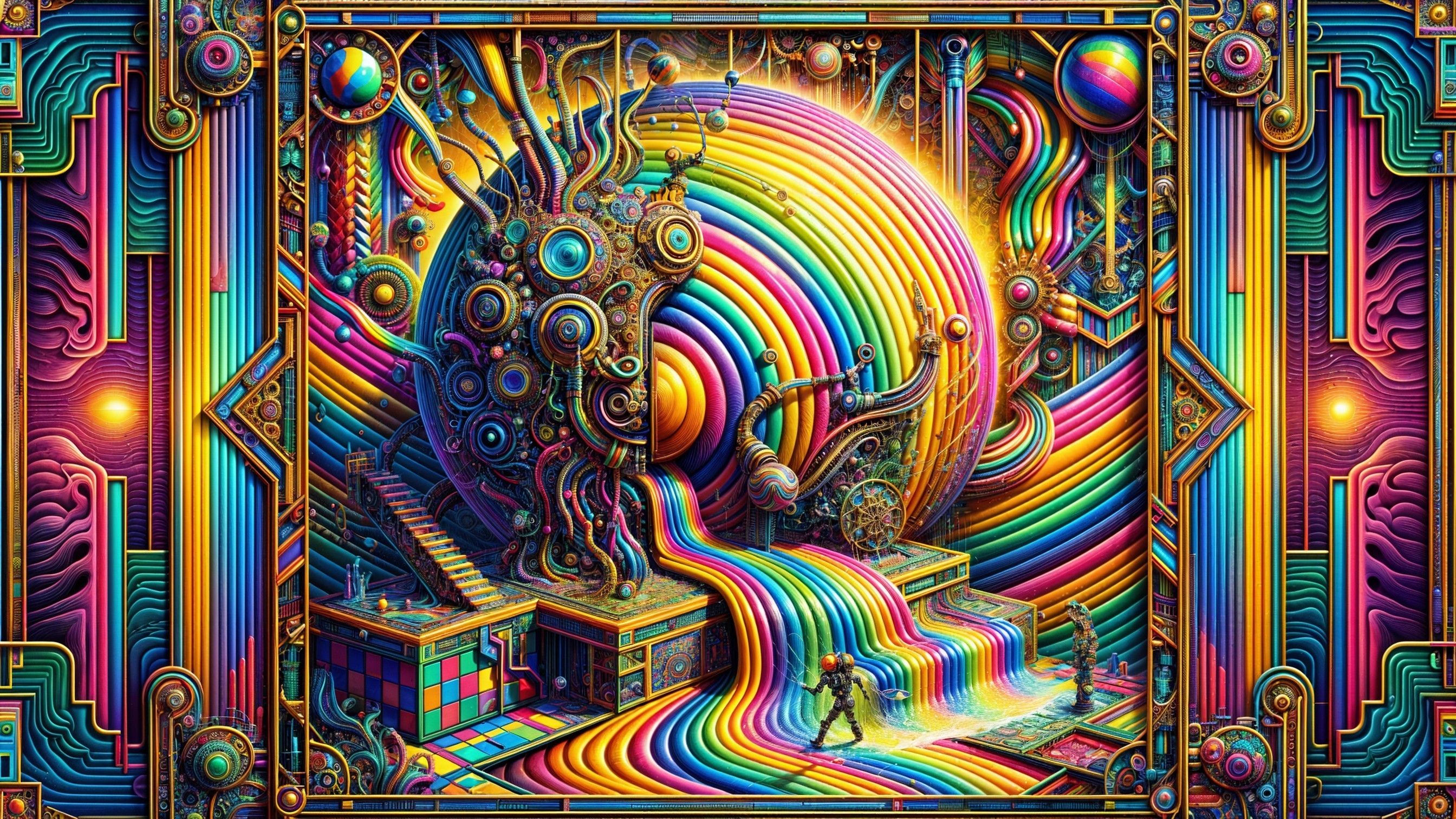 Surreal Scene with Colorful Sphere and Machinery