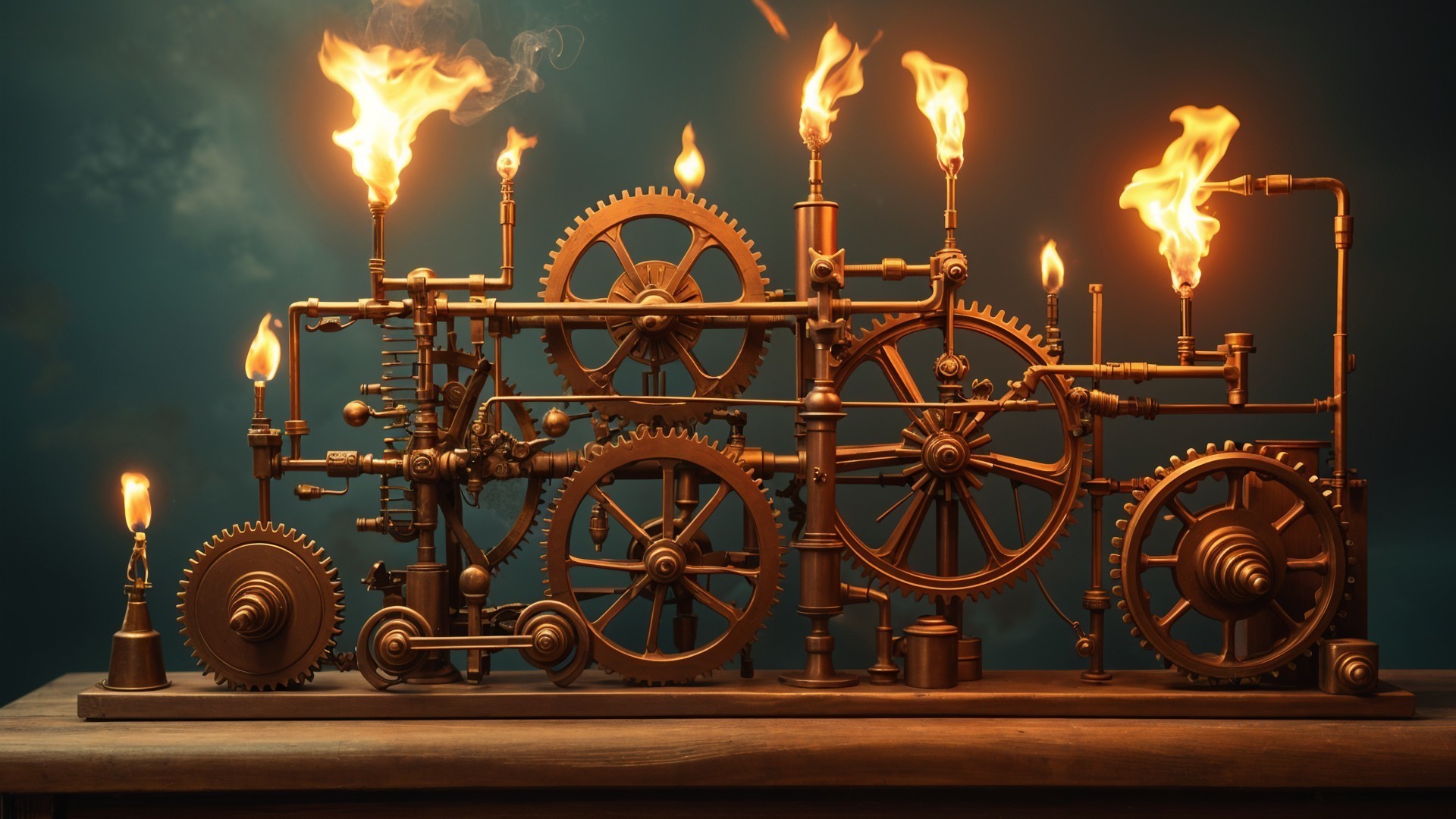 Steampunk Machine with Gears and Flames in Detail