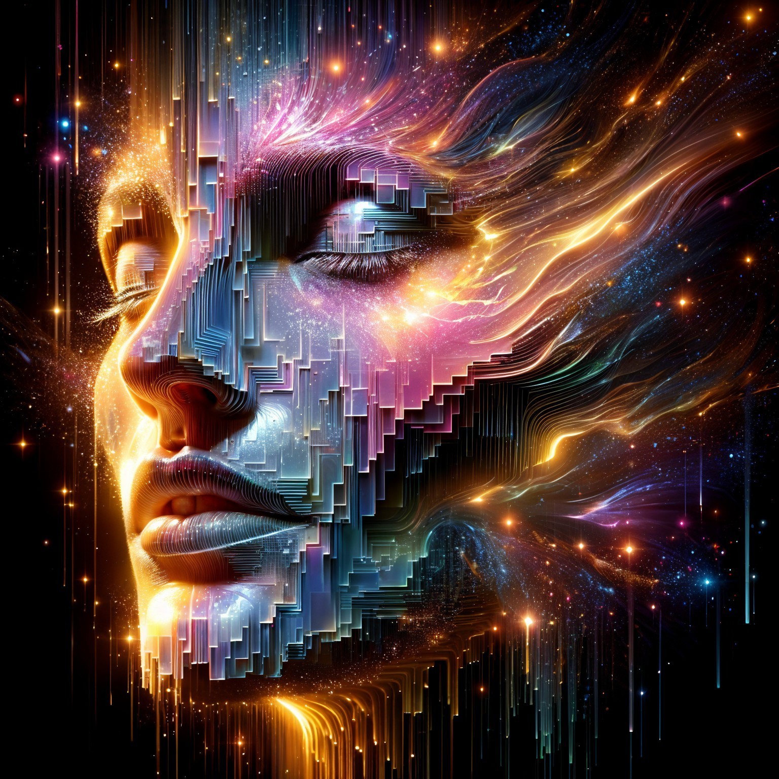 Digital Artwork of Stylized Face with Colorful Patterns