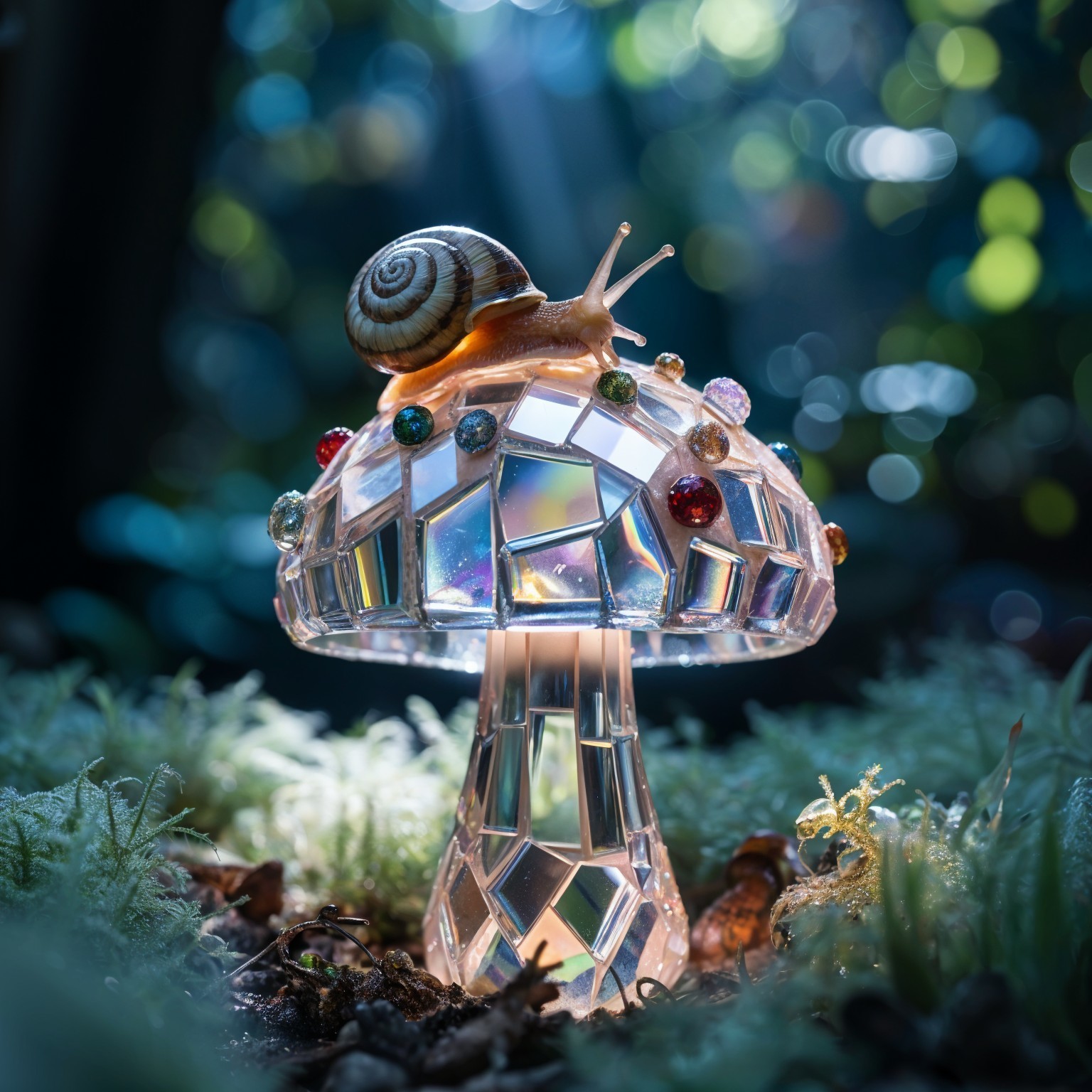 Translucent mushroom lamp with mosaic design in forest