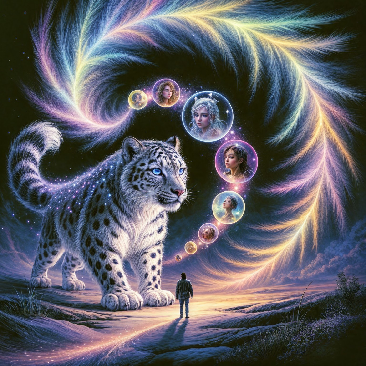 Majestic white tiger with vibrant orbs in mystical scene